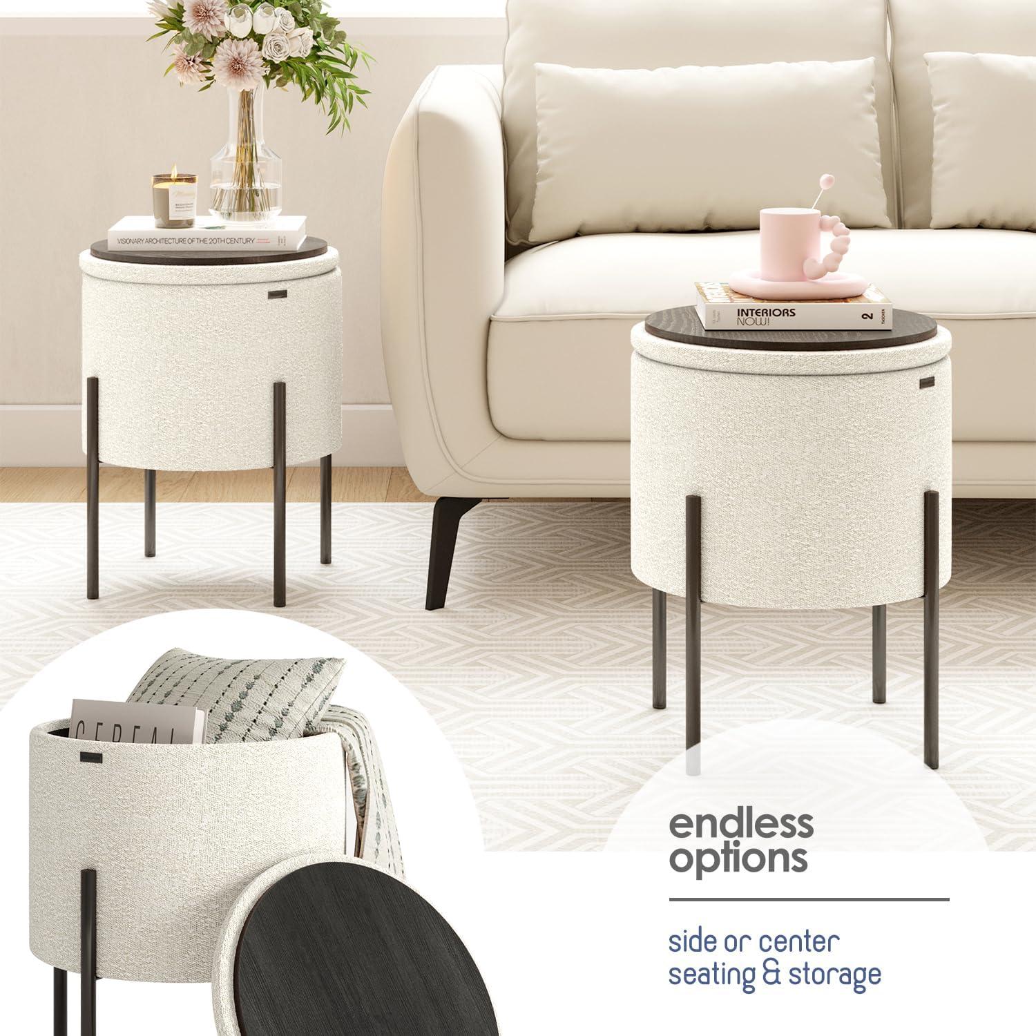StorageBud Round Ottoman with Storage, Modern Boucle Storage Ottoman, Small Foot Stool Ottoman for Living Room and Bedroom, White