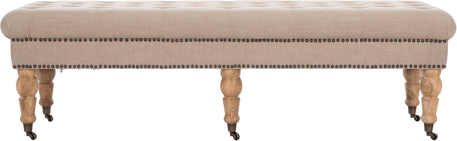 Taupe Linen-Poly Blend Bench with Turned Oak Legs