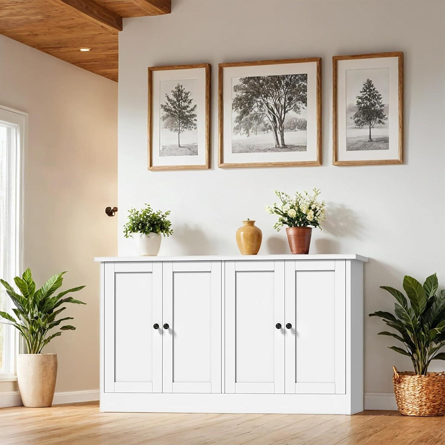 White Modern Buffet Storage Cabinet with 4 Doors and Drawers