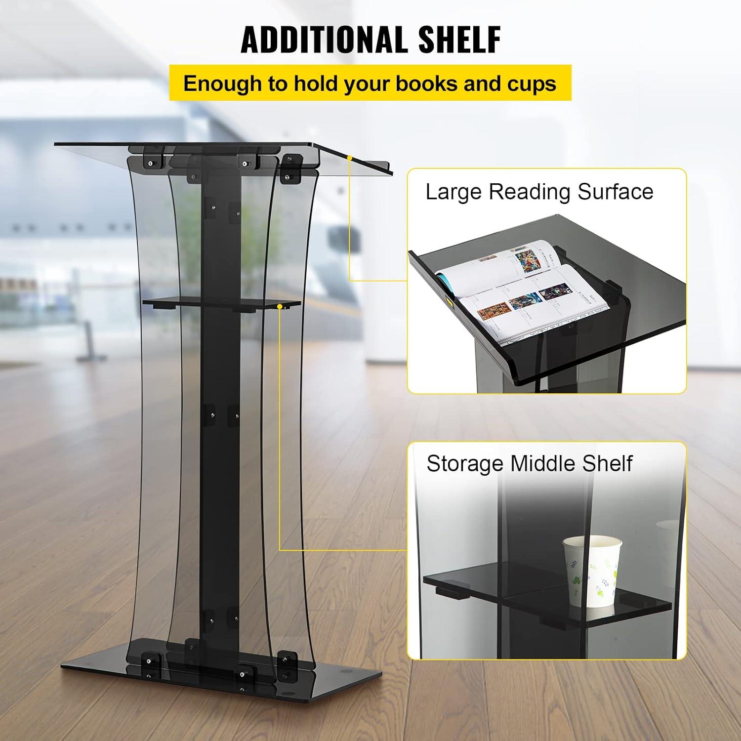 47" Clear Acrylic Podium with Black Storage Shelf