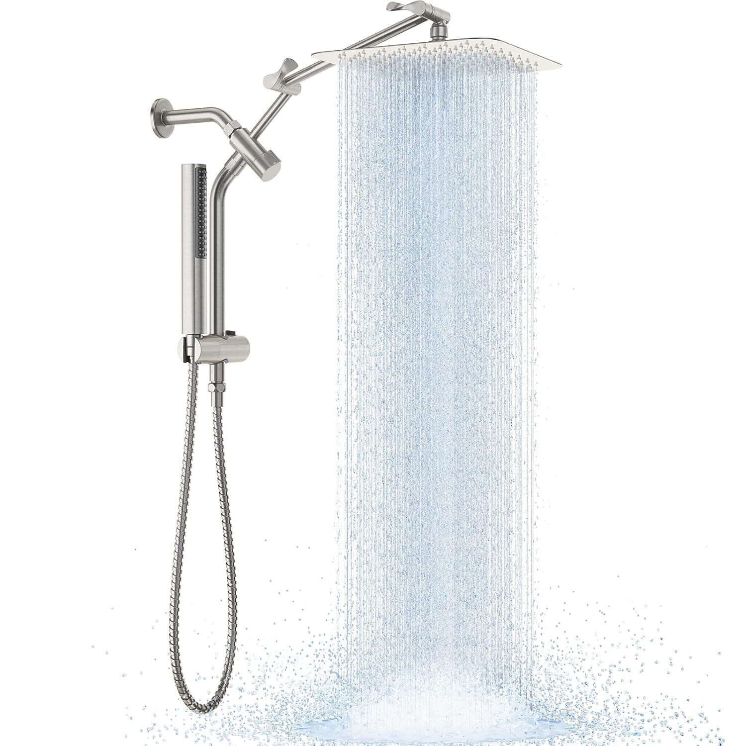 Veken Brushed Nickel Shower Head, 10'' All Metal Rain Shower Heads with Handheld Spray Combo, Hand Held Bathroom Combo with Extension Arm, Dual shower with Power Wash, Adjustable Rainfall Showerhead