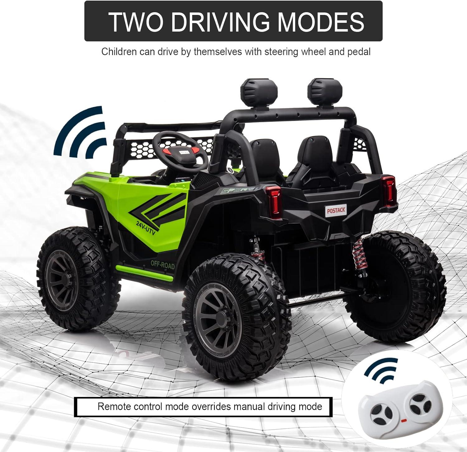 24V Ride on Car 2 Seater Ride on UTV 4X4 Off-Road UTV for Kids 4X200W Powerful Motor Kids' Electric Vehicles with Remote Control, Spring Suspension, Led Light, Bluetooth Music, Green