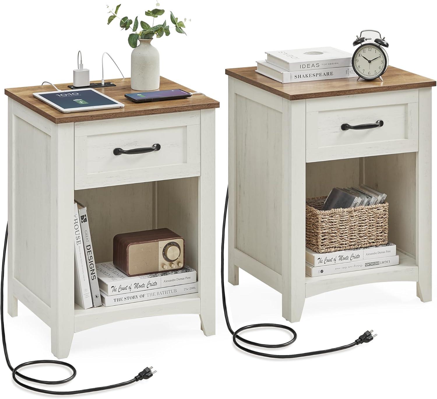 Farmhouse Nightstands with Charging Station    Bedside Tables with Drawer  Open Compartment  Side Tables with Storage  for Bedroom  Rustic White and Honey Brown ULET859K41