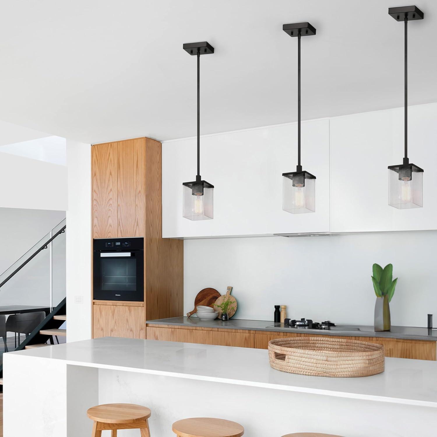 Matte Black Cylinder Pendant Light with Seeded Glass Shade