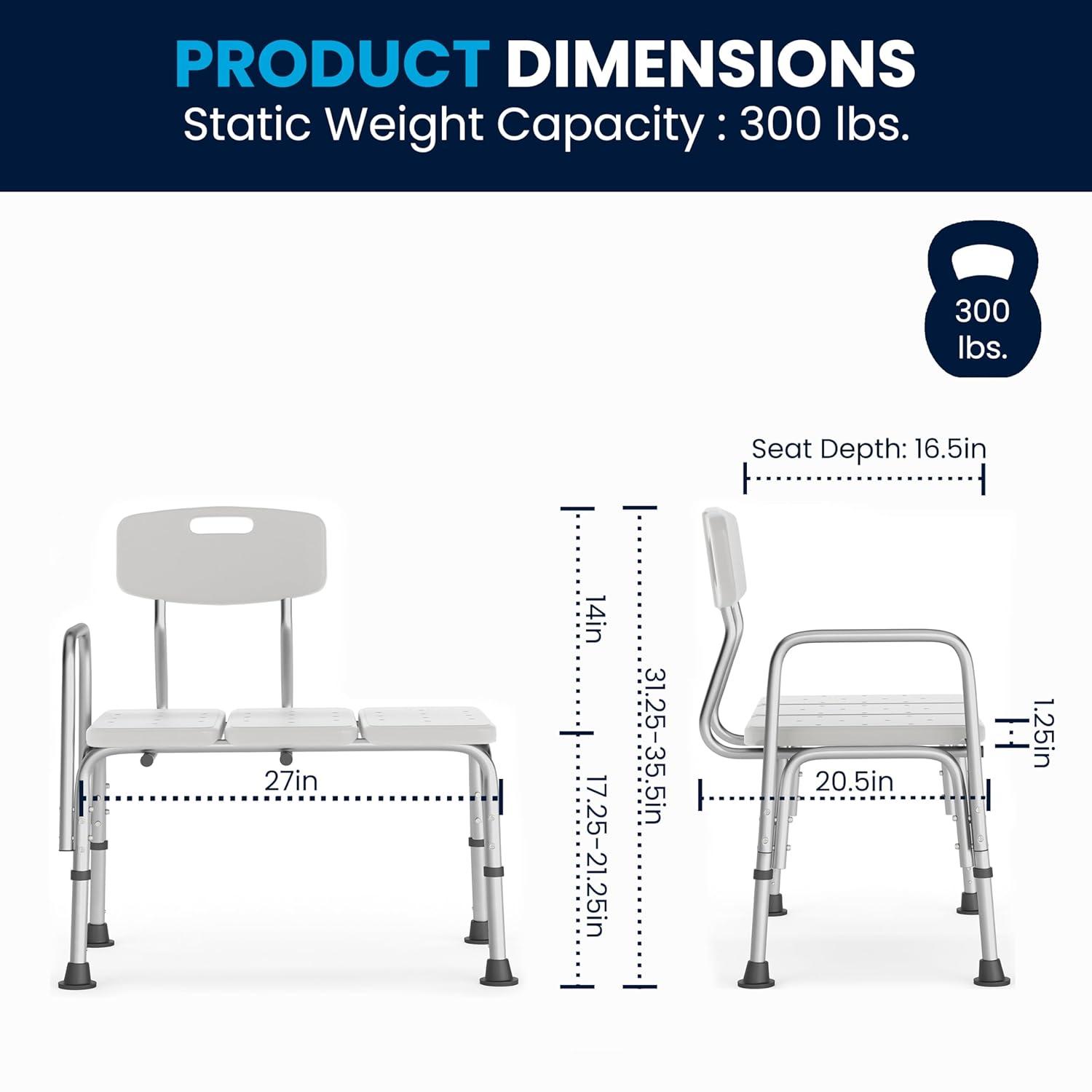 Flash Furniture DC-HY3510L-WH-GG Phoebe Aluminum Height Adjustable Medical Shower Transfer Bench