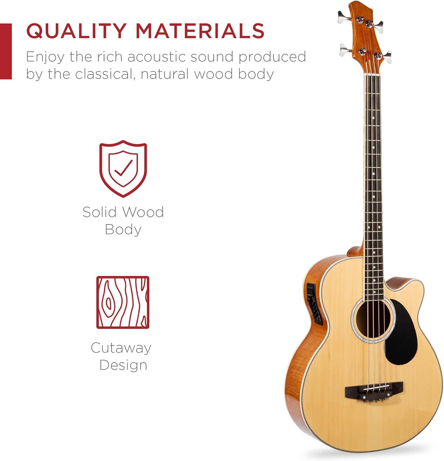 Best Choice Products 22-Fret Full Size Acoustic Electric Bass Guitar w/ 4-Band Equalizer, Truss Rod, Padded Gig Bag - Natural
