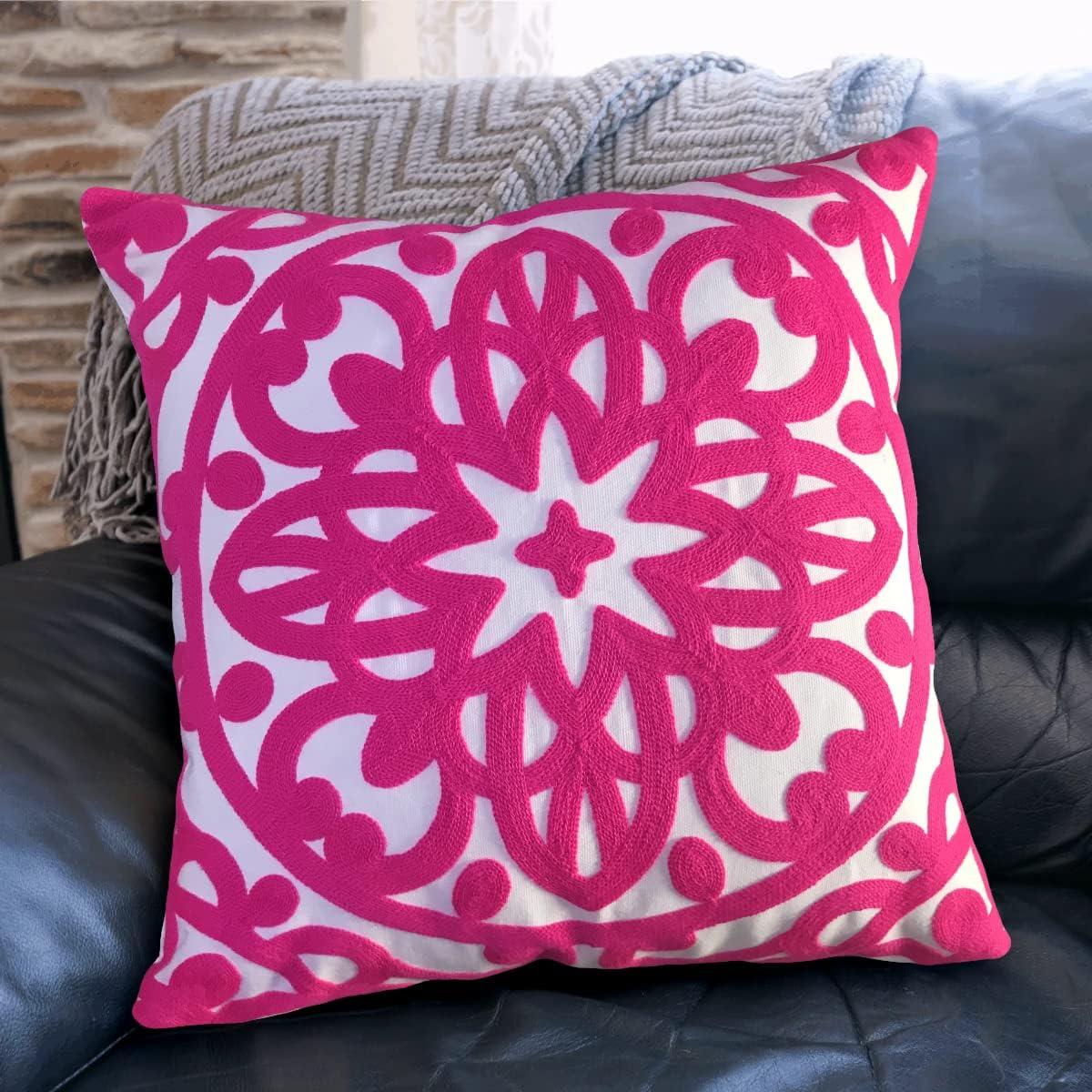 Bright Hot Pink Embroidered Cotton Euro Throw Pillow Cover