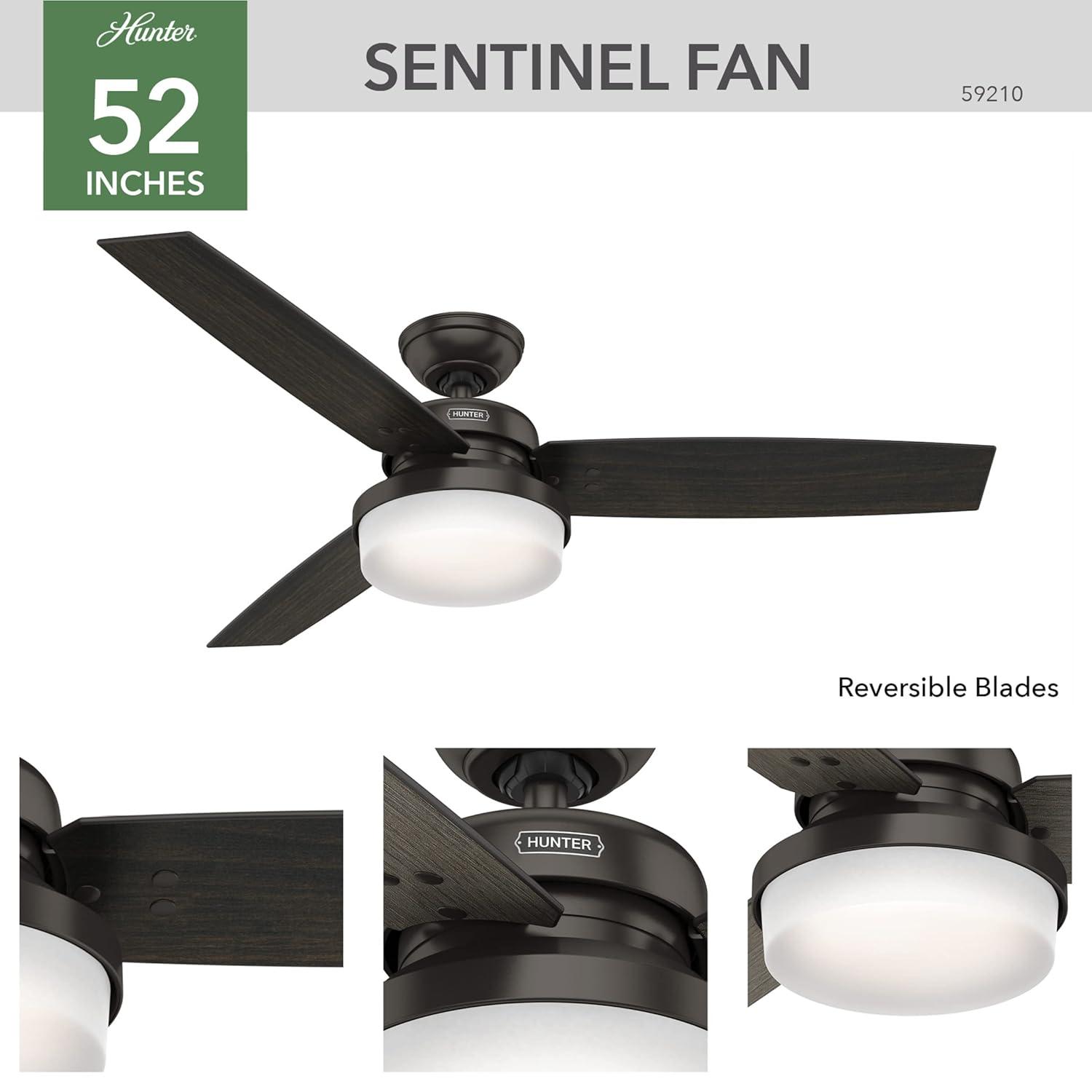 Hunter Fan 52" Sentinel 3 -Blade Standard Ceiling Fan with Remote Control and Light Kit Included