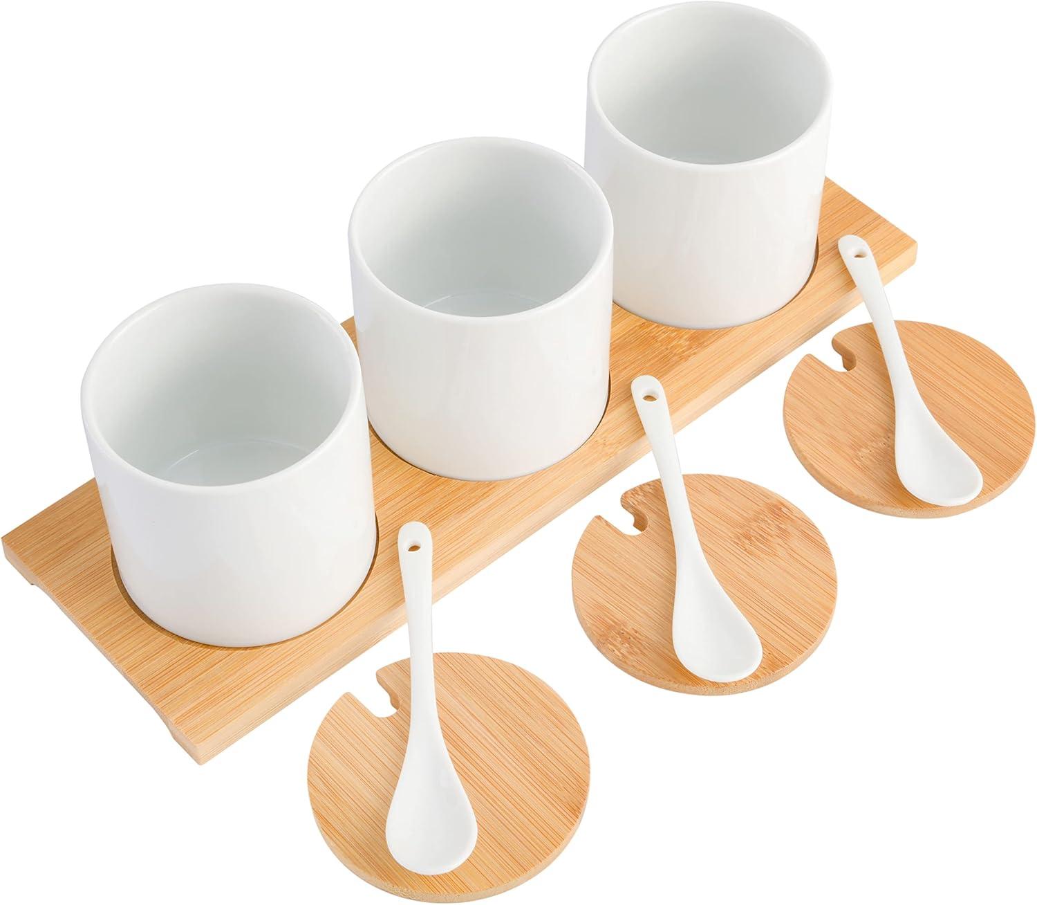 Gibson Gracious Dining 10 Piece Fine Ceramic Condiment Jars with Bamboo Lids and Spoons in White