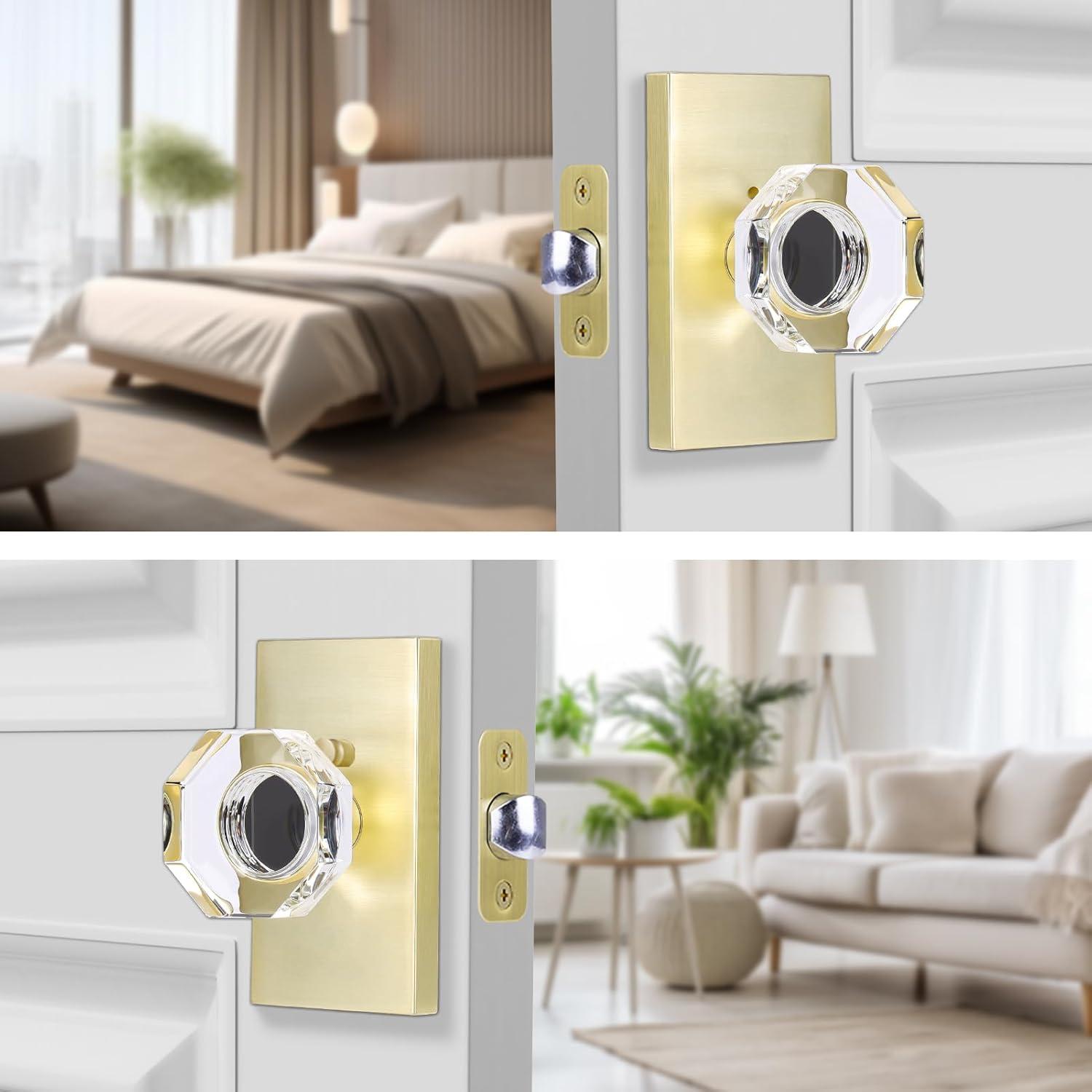 Clear Glass Crystal Door Knobs Interior,Octagon Gold Door Knob,Bathroom Bedroom Privacy Door Knobs with Lock,Satin Brass