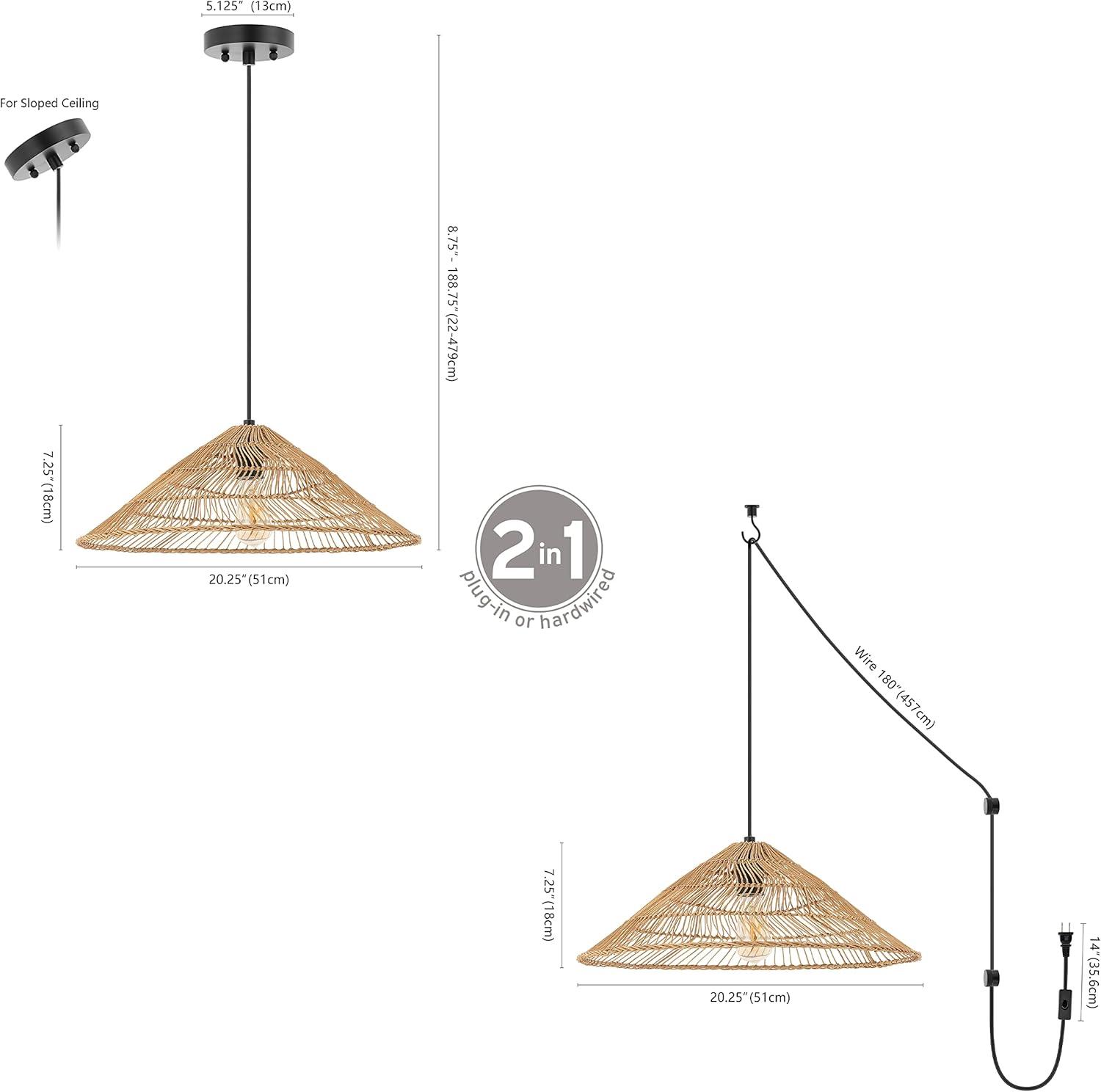 Nova 20.25" 1-Light Farmhouse Coastal Rattan 180" Cord Plug-In or Hardwired LED Pendant, Brown