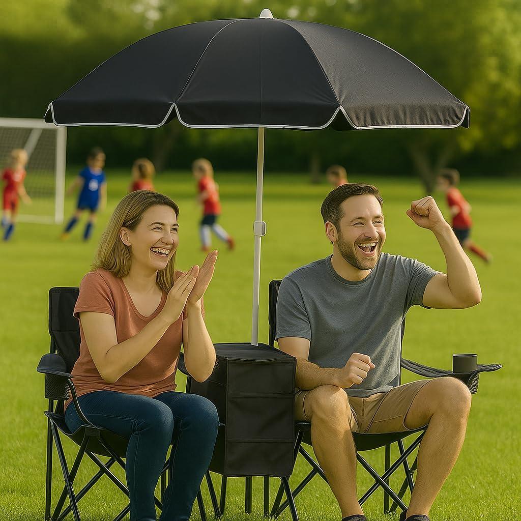 GoTeam Portable Double Folding Chair w/Removable Umbrella, Cooler Bag and Carry Case - Black