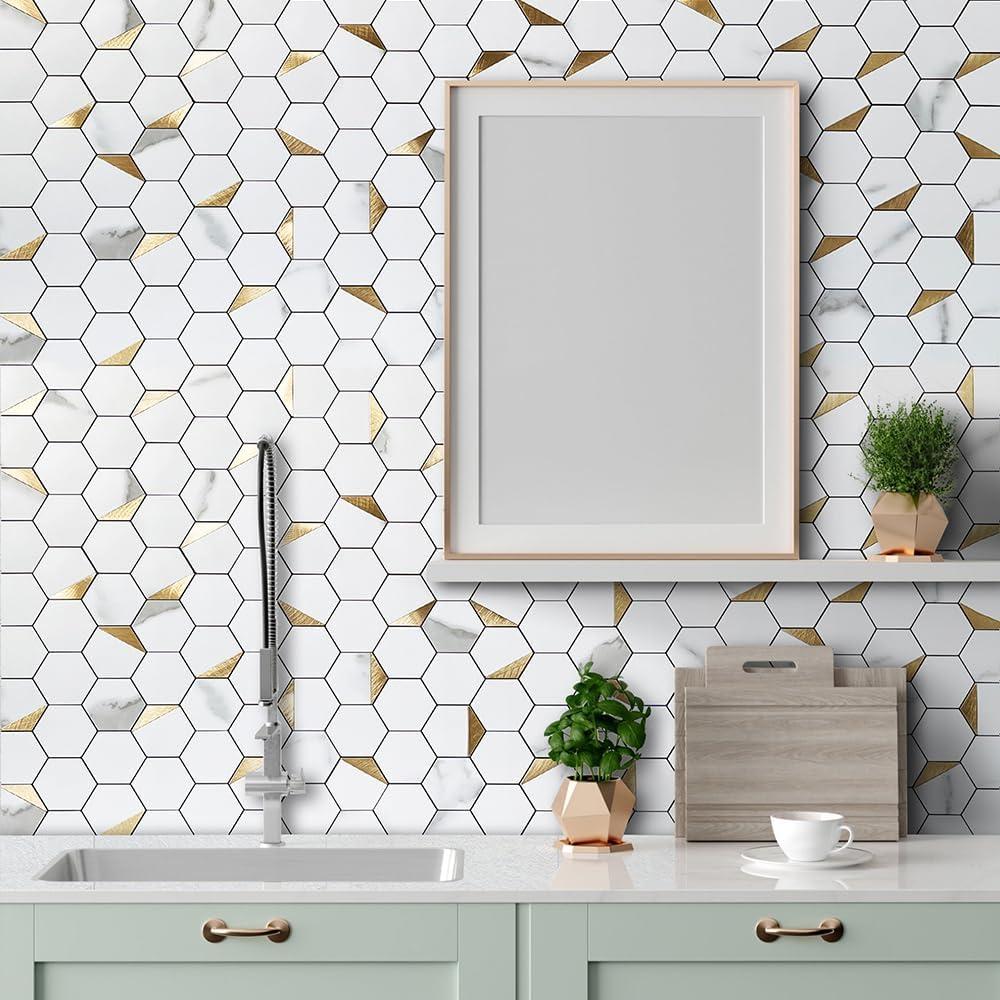 DICOFUN 10-Sheet Hexagon Tile Peel and Stick Backsplash, White Marble Look PVC Mixed Golden Metal Mosaic Tiles for Kitchen and Bathroom