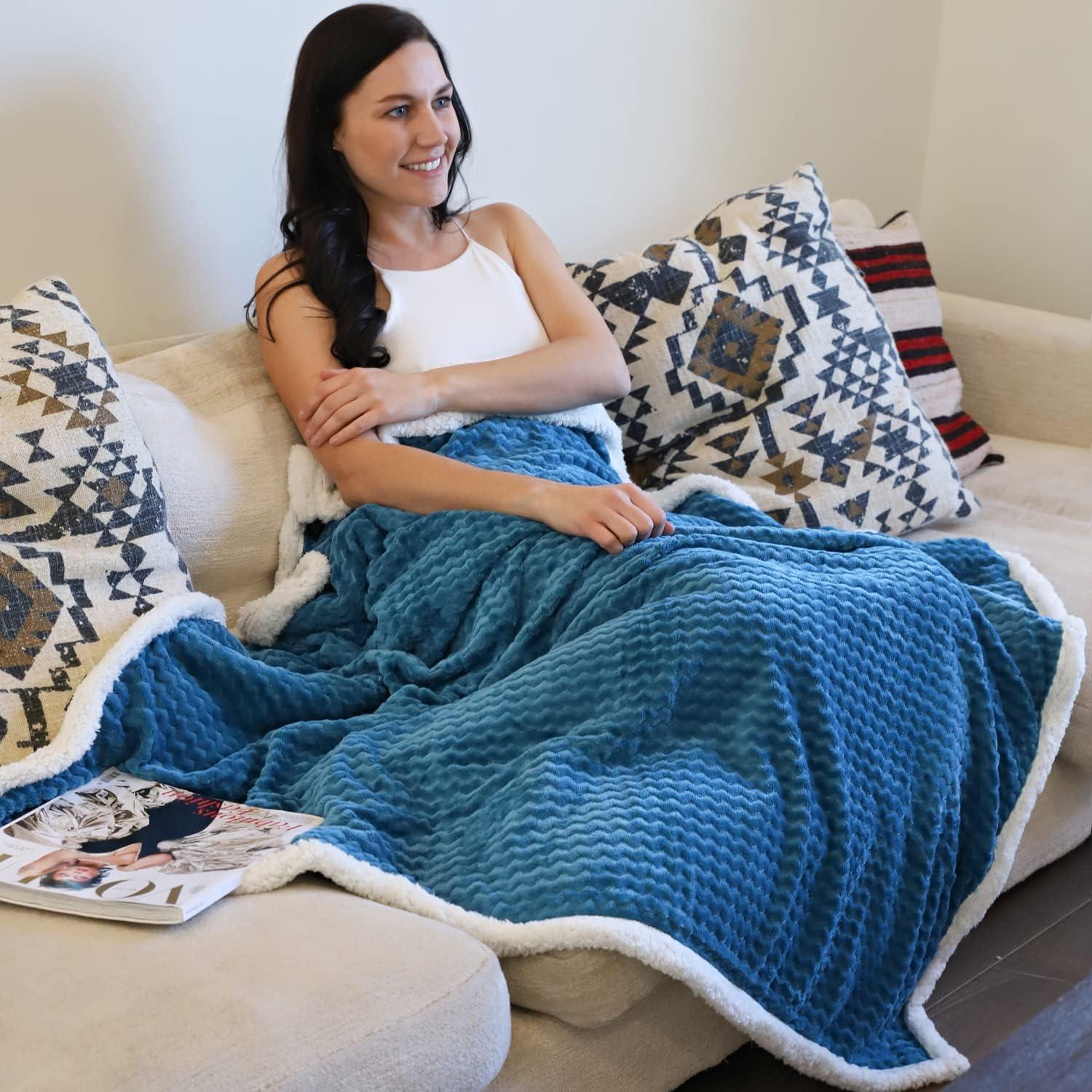 Blue and White Reversible Sherpa Fleece Throw Blanket