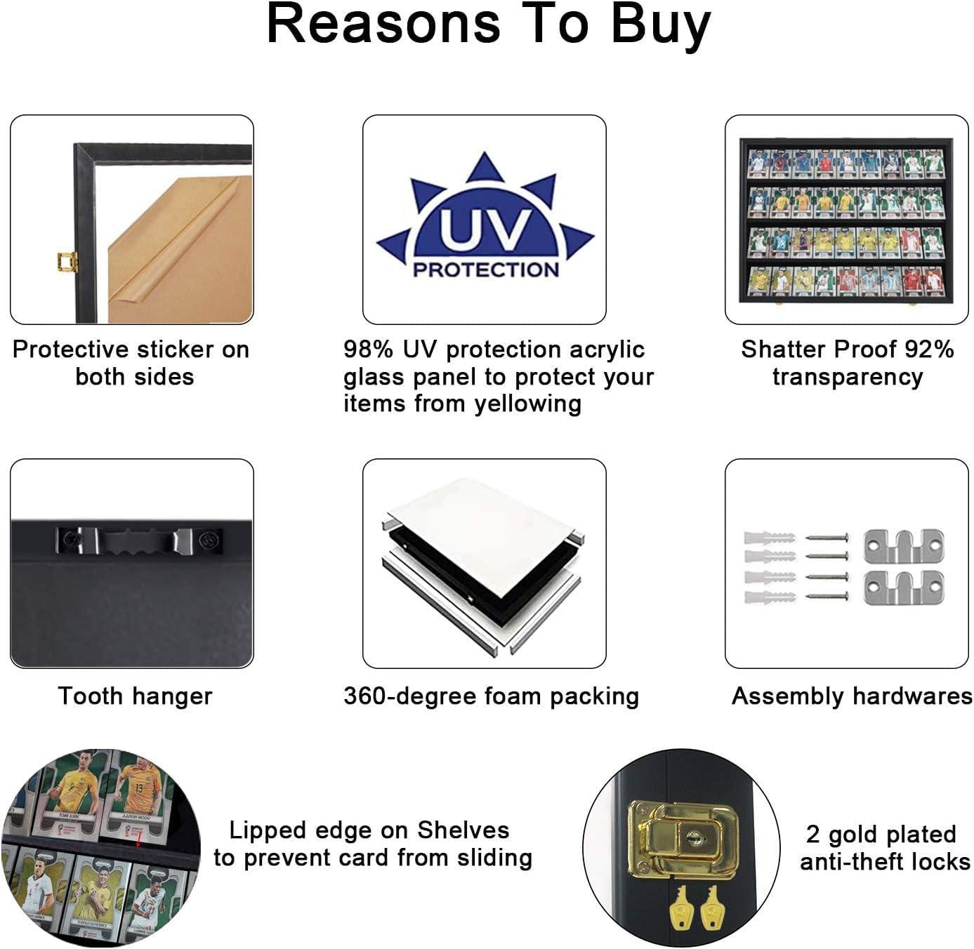 Estuche para Exhibición de Tarjetas Deportivas de 35 Grados: Marco de Exhibición de Tarjetas de Béisbol con Protección UV Gabinete de Pared con Cerradura Transparente para Tarjetas Coleccionables de Baloncesto Negro Vertical