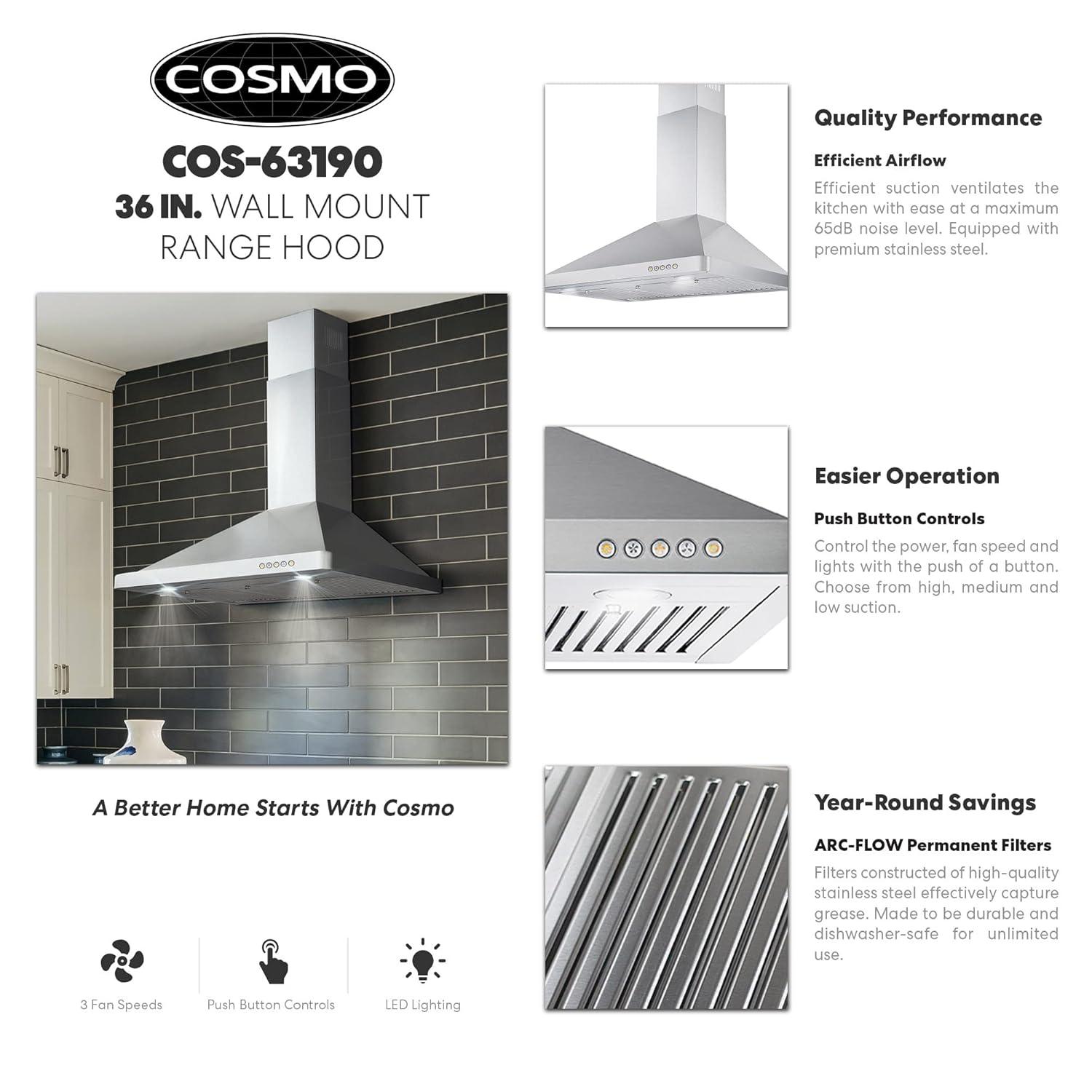 Cosmo Campana Extractora de Montaje en Pared de 36 Pulgadas en Acero Inoxidable con Iluminación LED y Filtros Permanentes