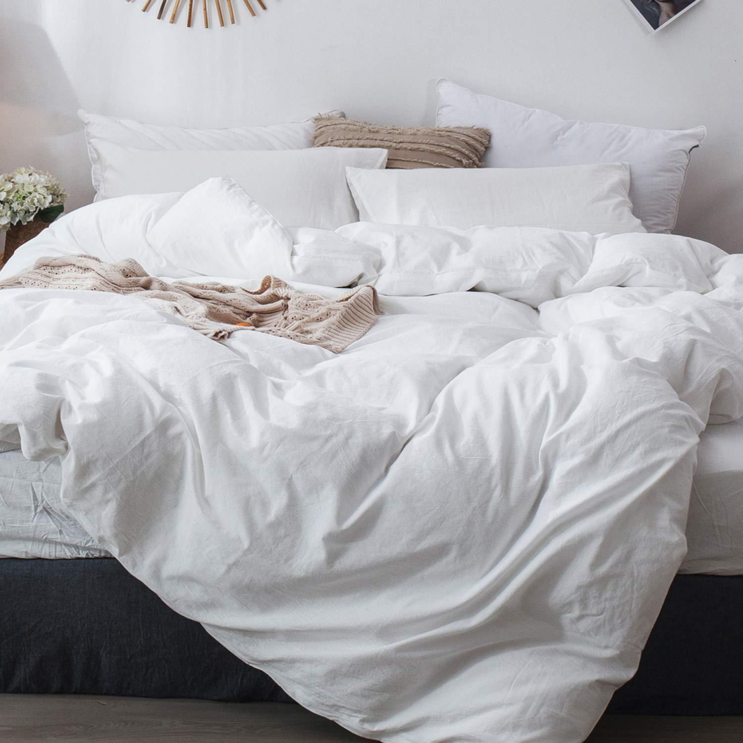MOOMEE Linen Like Textured 100% Washed Cotton Twill Duvet Cover Set Ultra Soft