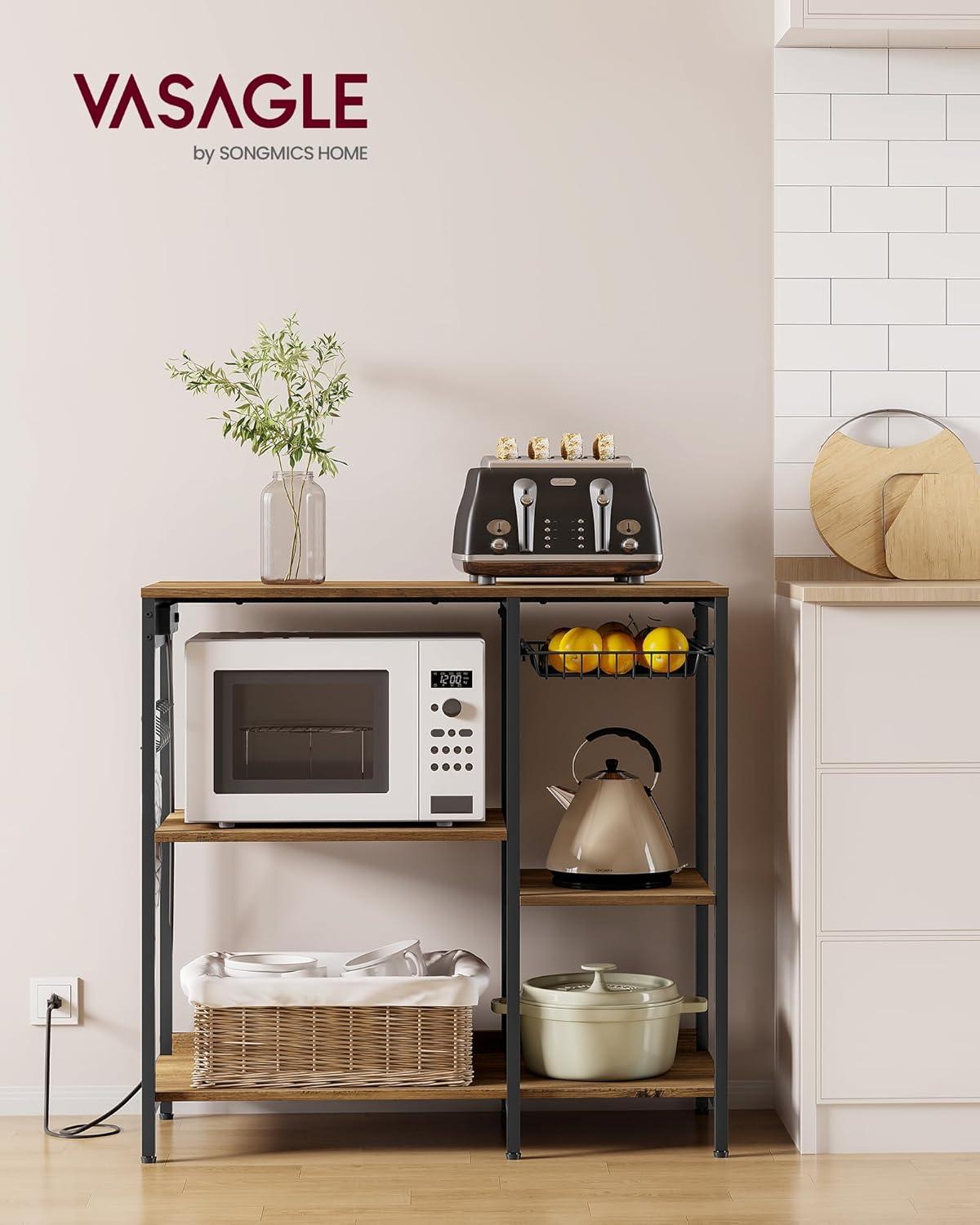 Rustic Walnut Adjustable Kitchen Shelf with Power Outlet