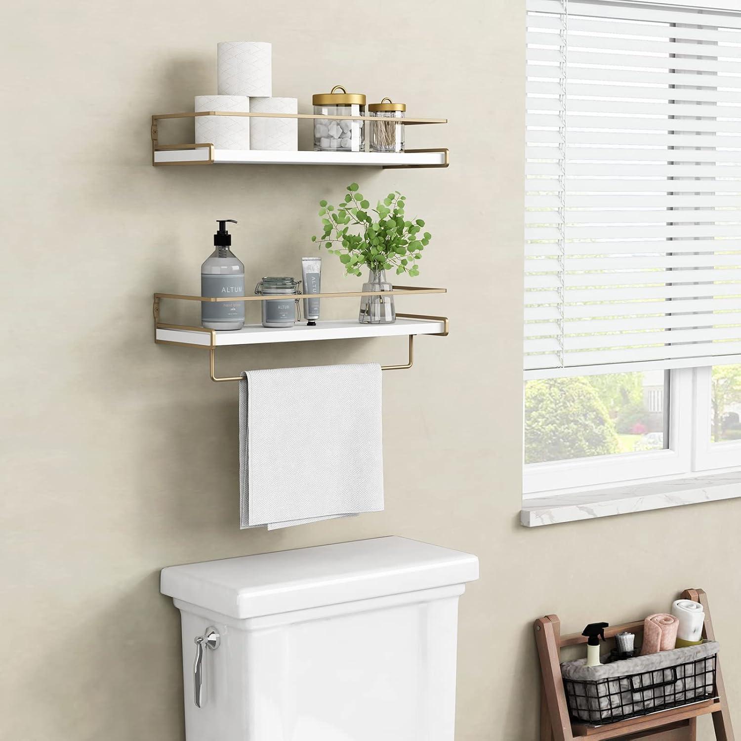 White and Gold Pine Floating Bathroom Shelves with Towel Bar, Set of 2