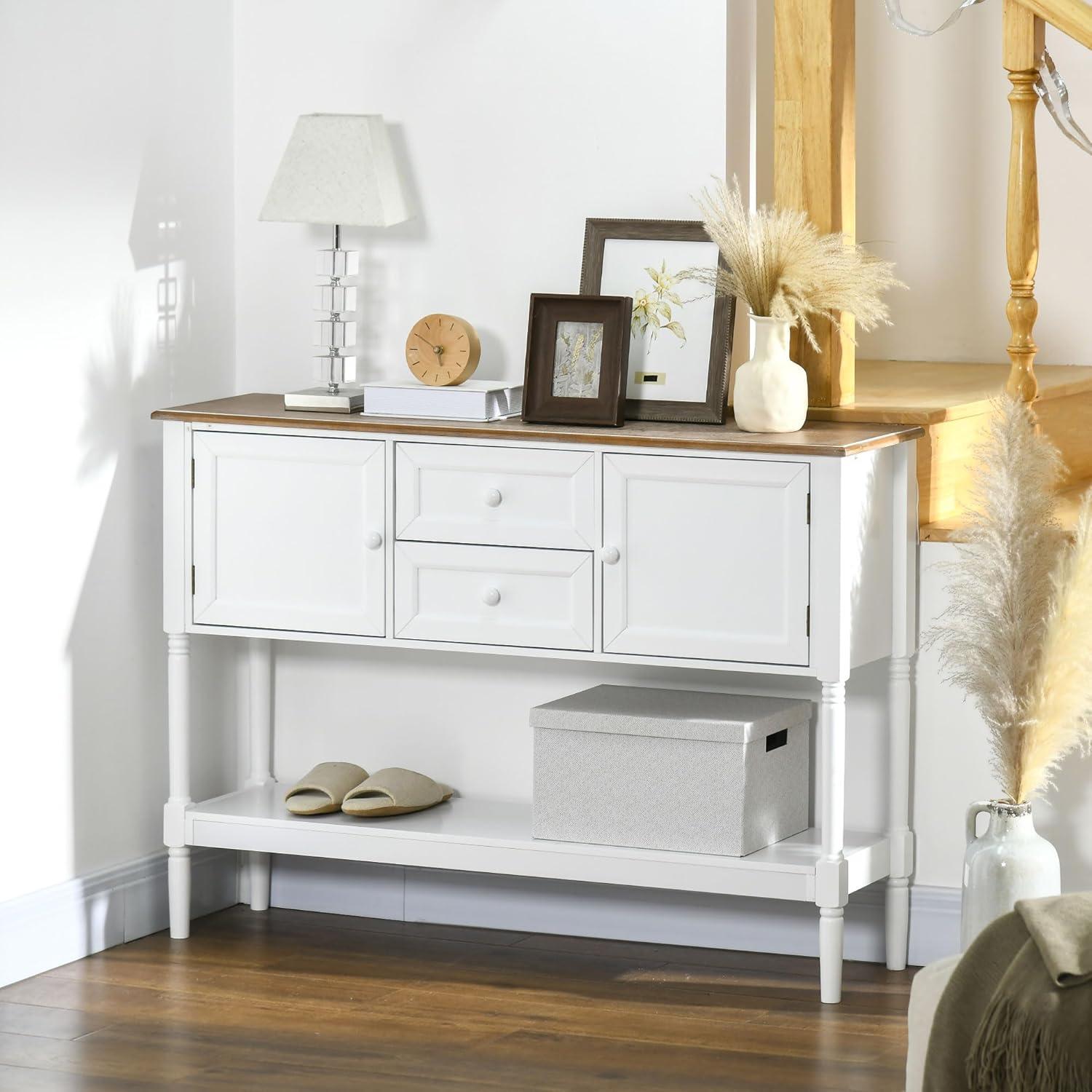 White and Natural Wood Console Table with Drawers and Shelf