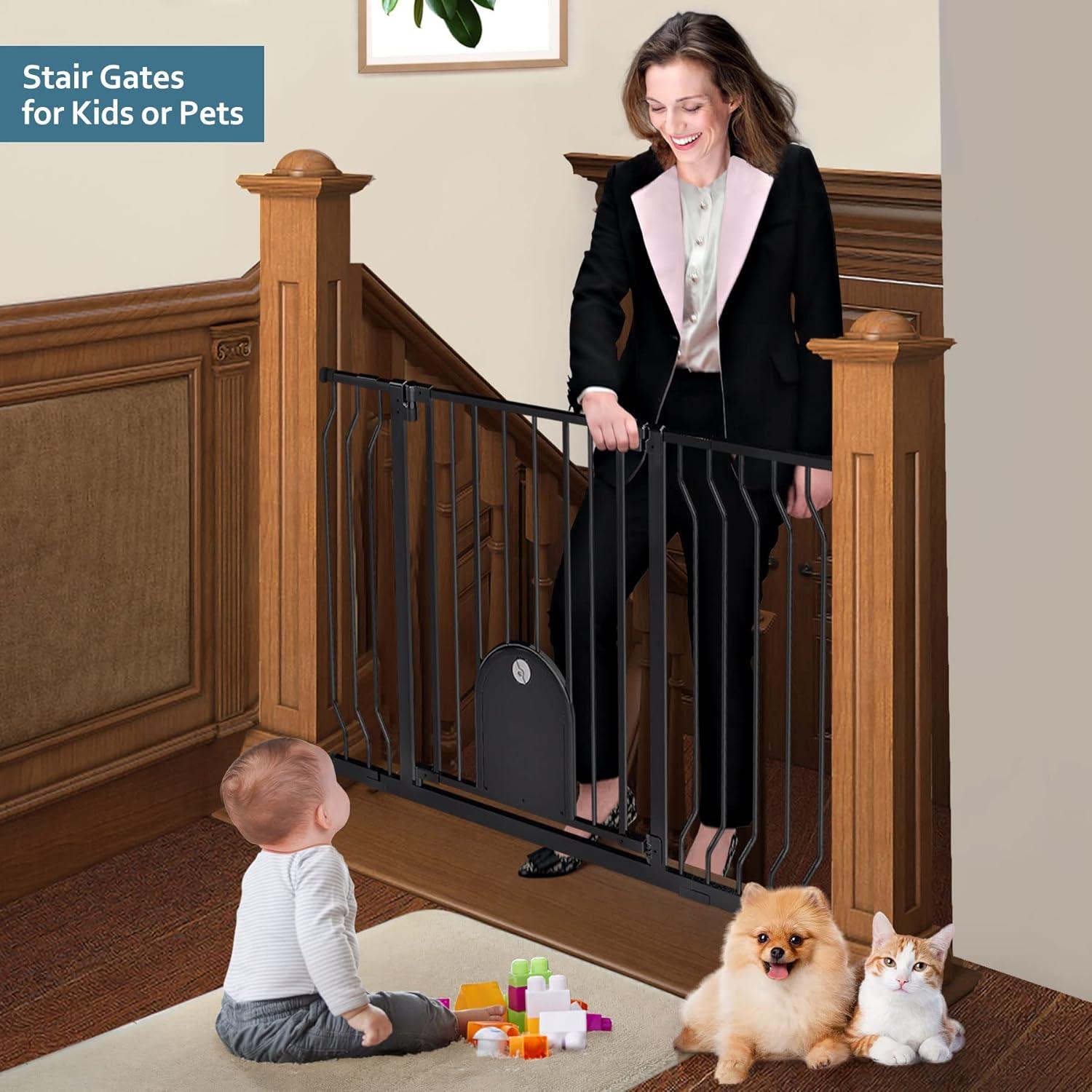 Baby Gates with Cat Door - Auto Close 29.5"-48.4" Safety Metal Dog Pet Gate for Doorway, Stairs, House, Walk Through Child Gate with Pet Door, includes 4 Wall Cups and 2 Extension Pieces