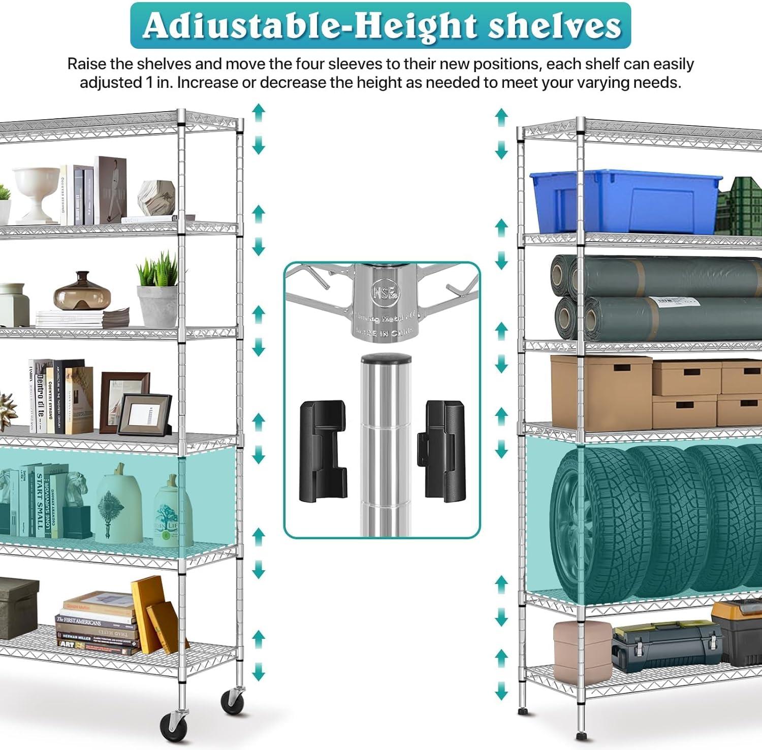 Chrome Heavy Duty Adjustable 6-Tier Metal Storage Rack with Wheels