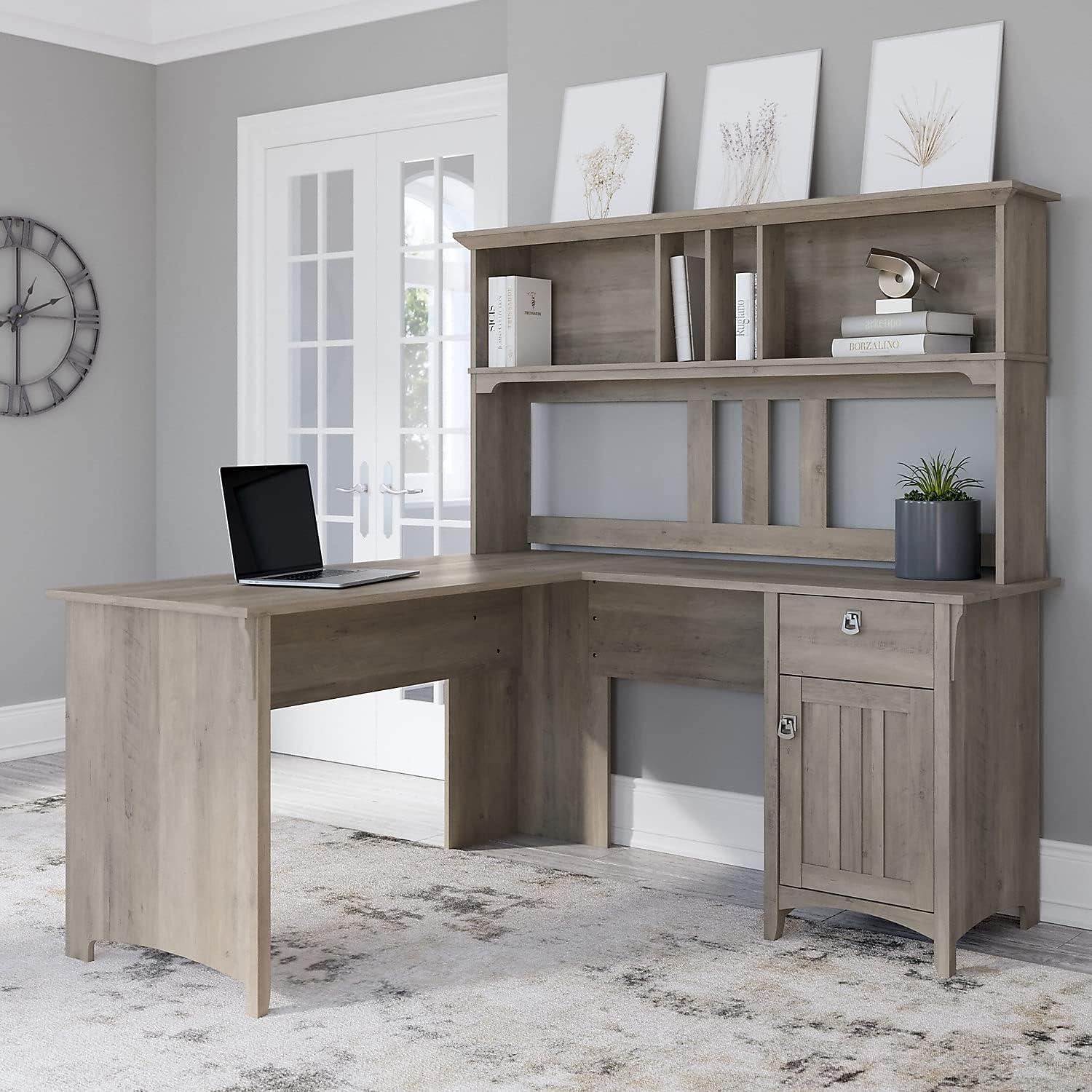 Bush Furniture Salinas 60" L Desk and Hutch with Storage, Driftwood Gray