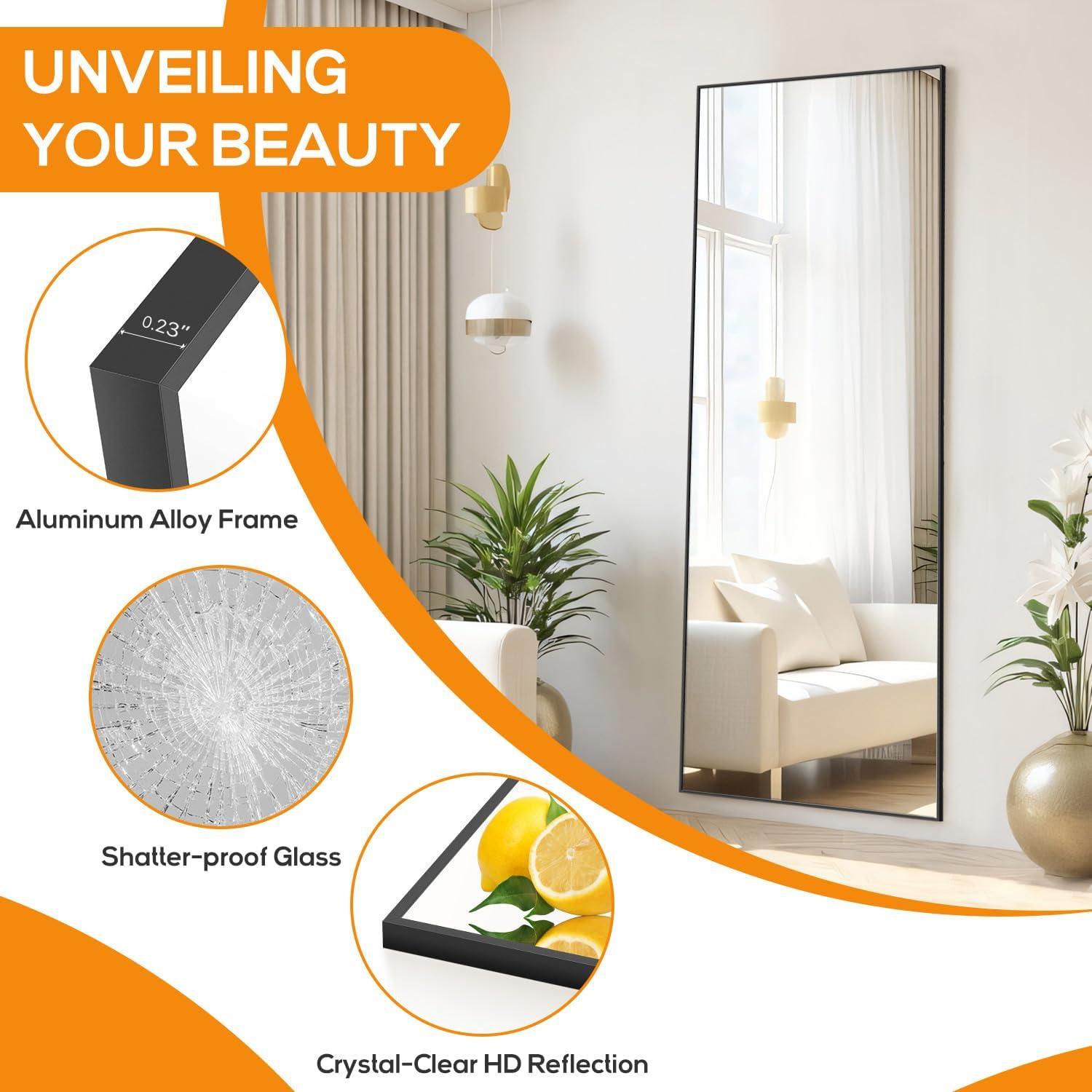 SIMENMAX Full Length Mirror, 21"x64" Nano Glass Floor Mirror, Standing Rectangle Floor Mirrors Body Dressing Wall-Mounted Mirror for Living Room, Bedroom,Black