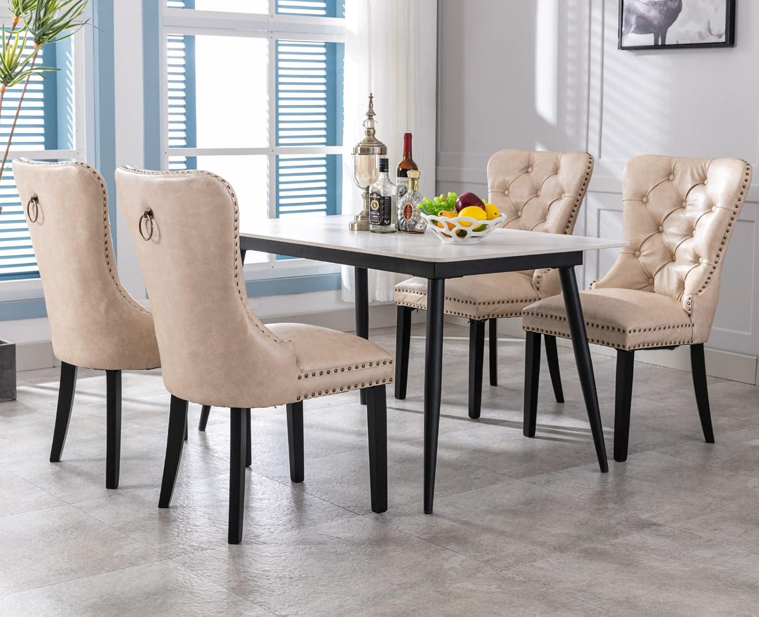 ODUSE-DAILY Velvet Dining Chairs Set of 6, Kitchen & Dining Room Chairs, Nailheads Tufted Chair, Sillas De Comedor, Two-Tone Fabric Upholstered, Wood Legs (Beige & Patterned, 6 Pcs)