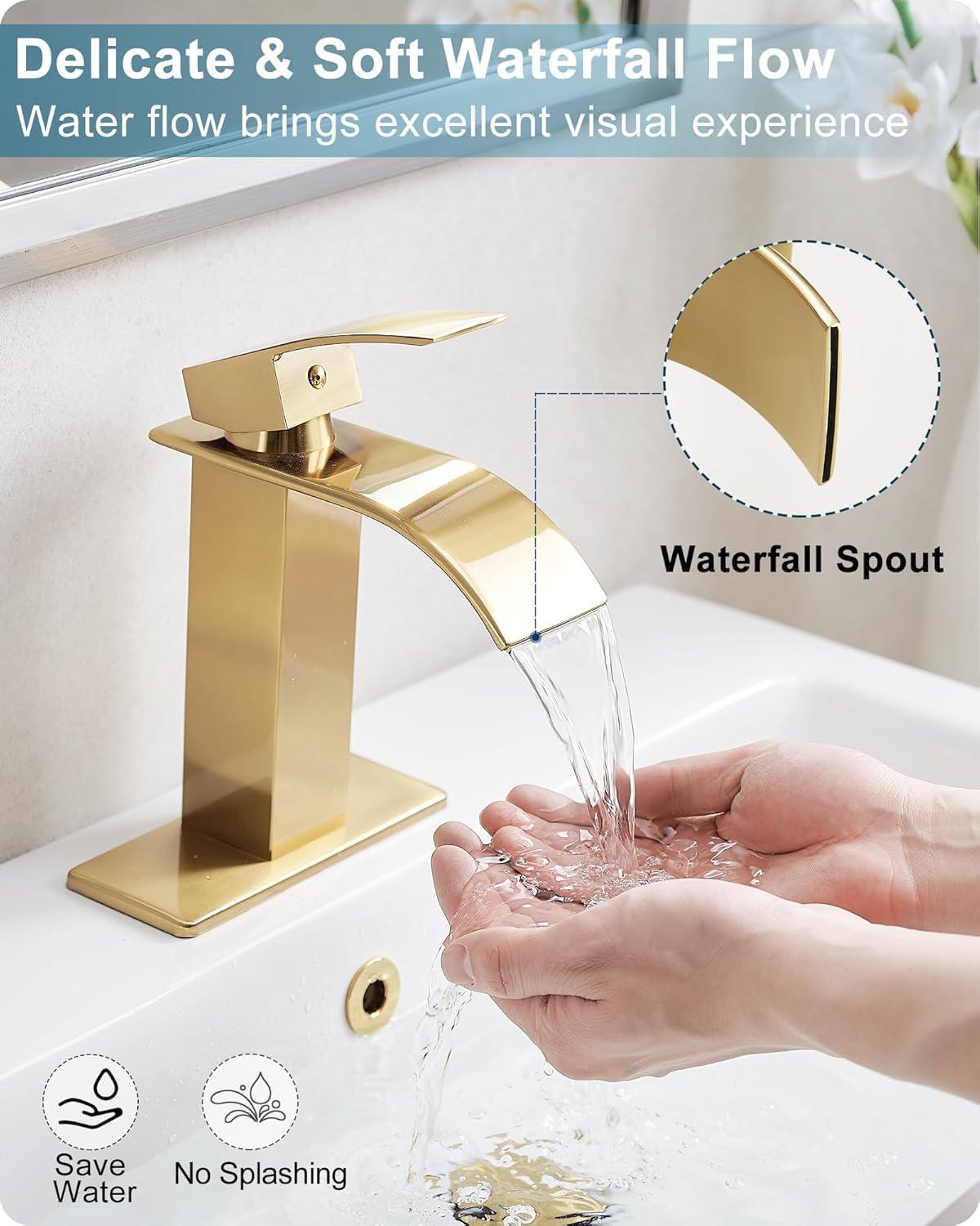 WOWOW Brushed Gold Waterfall Bathroom Faucet  Single Handle Faucet for Bathroom Sink