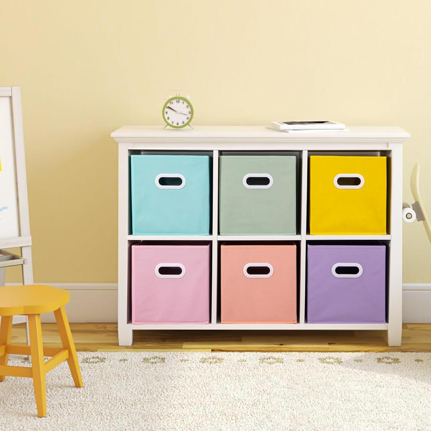 Stero Fabric Storage Cubes Bins, 11 inch Fun Colored Foldable Storage Baskets with Dual Plastic Handle for Home, Kids Room, Closet and Toys Organization, Multi Colored, Set of 6