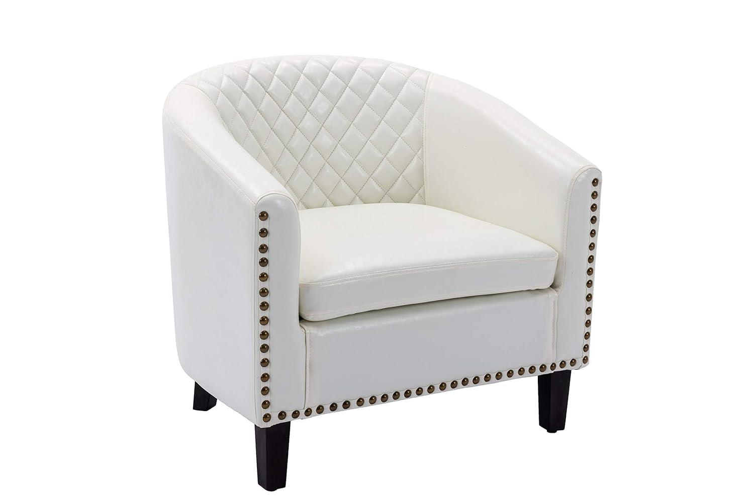 Barrel Chair PU Leather and Solid Wood Legs Tufted Cushion Rivet Decor Tub Barrel Style Bedroom Club Sofa Chair for Attic Rest Area and Home Living Room Max Weight Capacity 250 LBS White