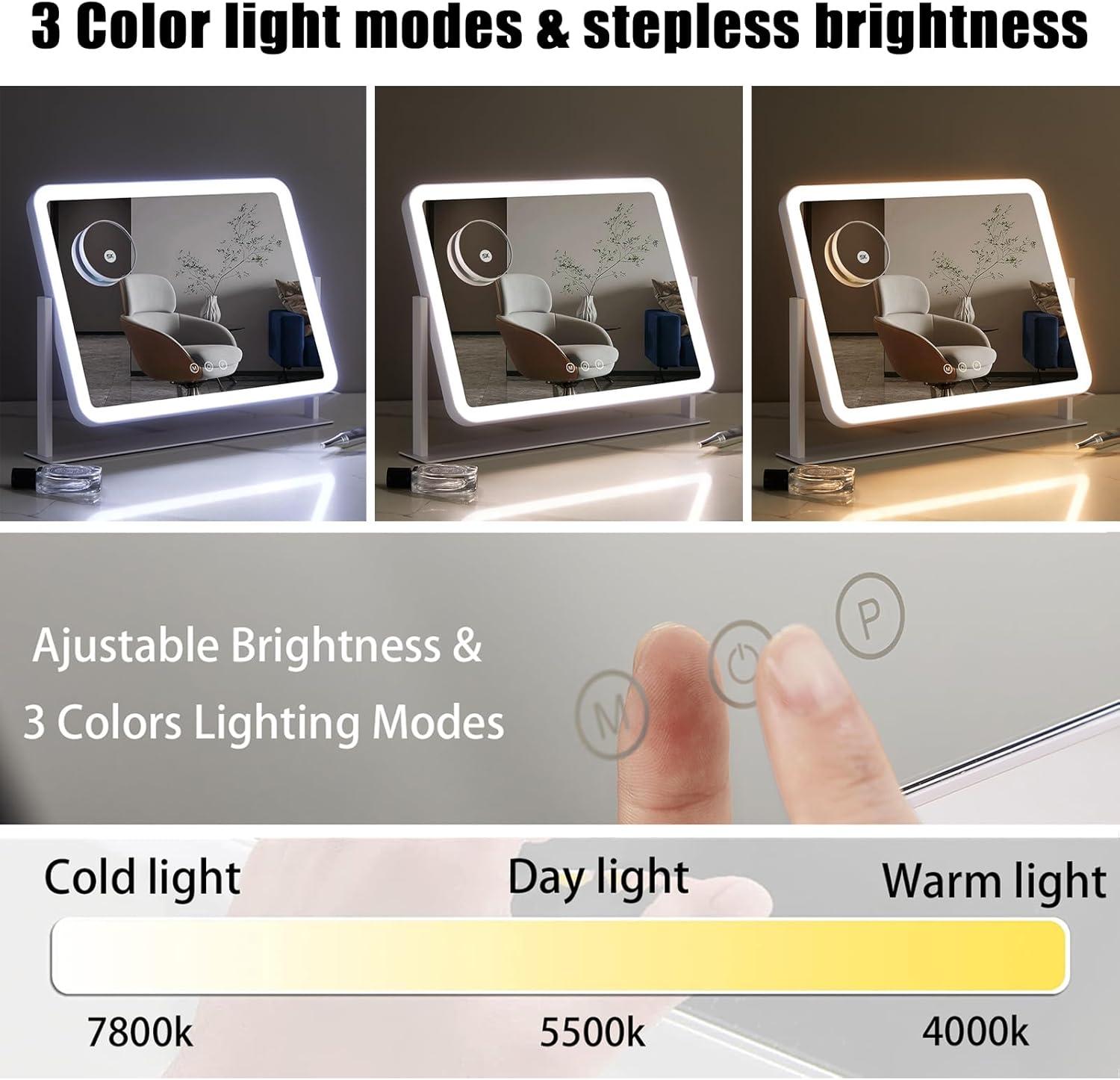 HIEEY Lighted Makeup Mirror, Hollywood Vanity Mirror with Lights, Three Color Lighting Modes, and 5X Magnification Mirror, Smart Touch Control, 360°Rotation (14.1in,White,Gift Box)