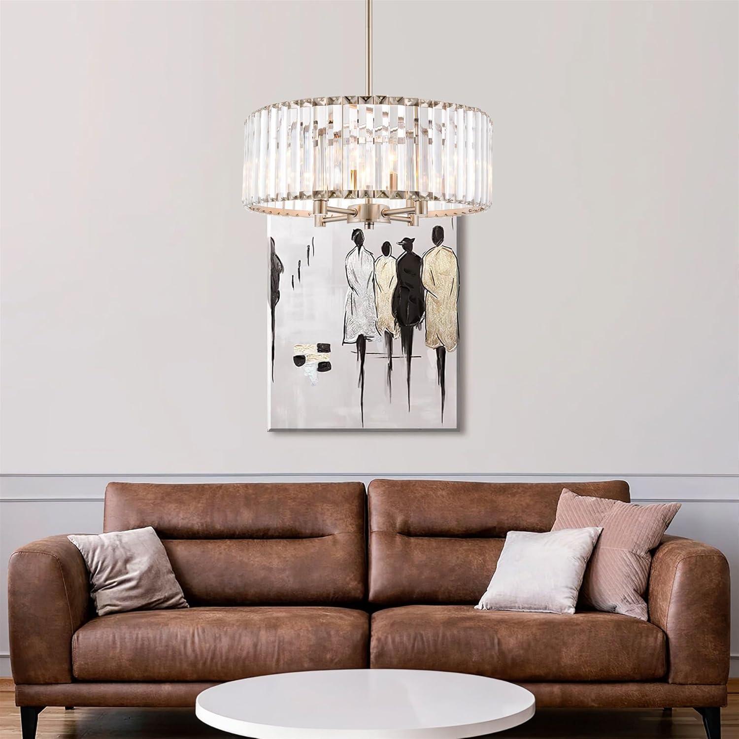 Brushed Nickel 4-Light Crystal Drum Chandelier with Clear Glass