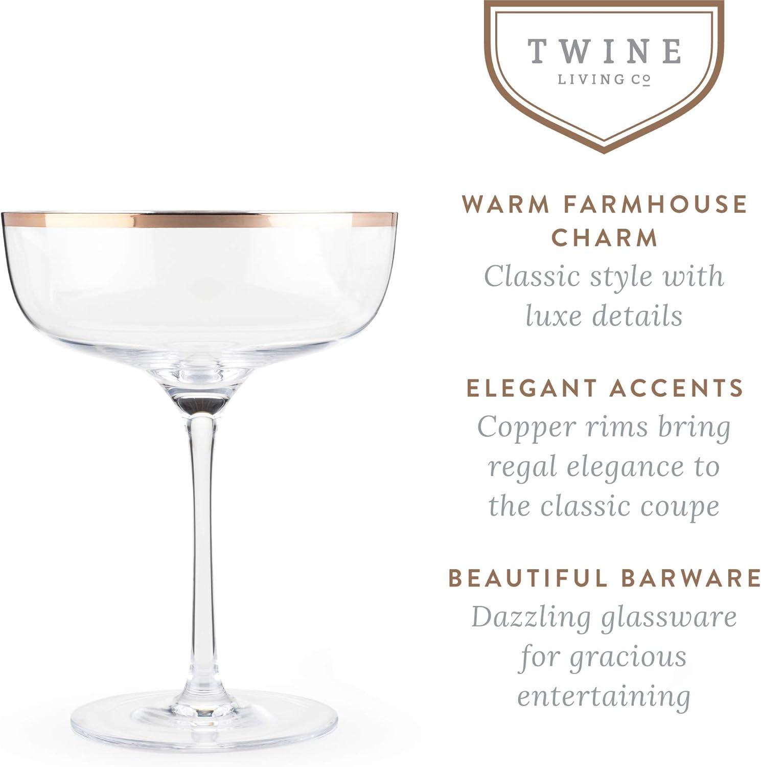 Twine Copper Rim Crystal Coupe Glasses, Set of 2, Lead-Free Crystal, Electroplated Copper Rim, 10 oz