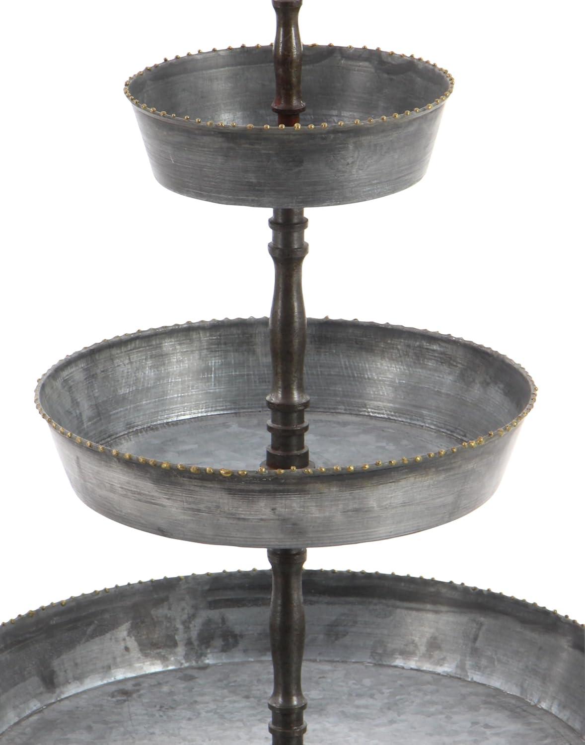 Gray Metal and Wood 3-Tier Round Server with Beaded Perimeter