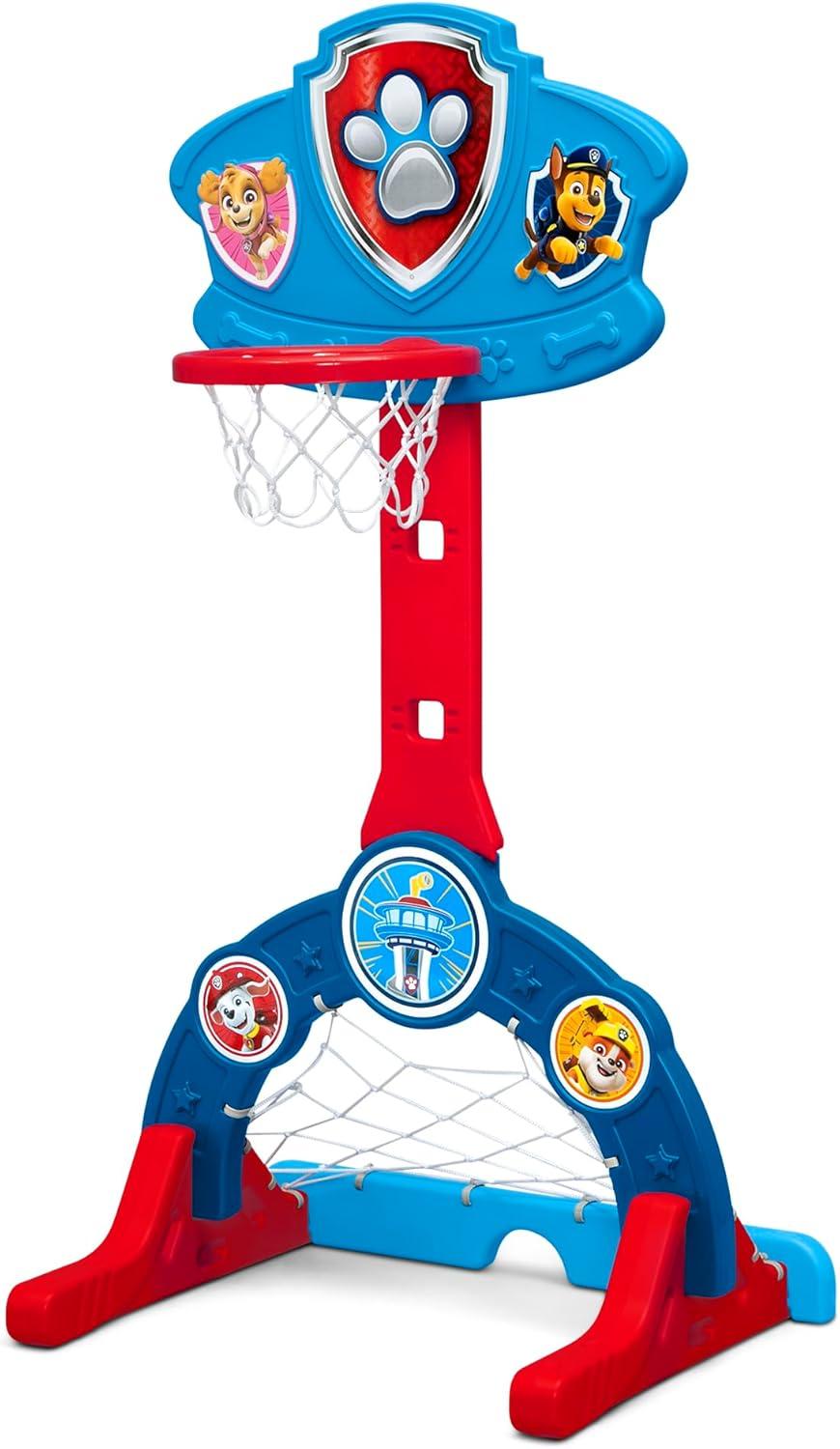 Delta Children - PAW Patrol 4-In-1 Sports Center – Adjustable Easy Score Basketball Hoop, Soccer/Hockey Net And Golf Game – Set Includes: 1 Basketball, 1 Soccer Ball, 2 Golf/Hockey Clubs, 4 Golf/Hockey Balls, Blue