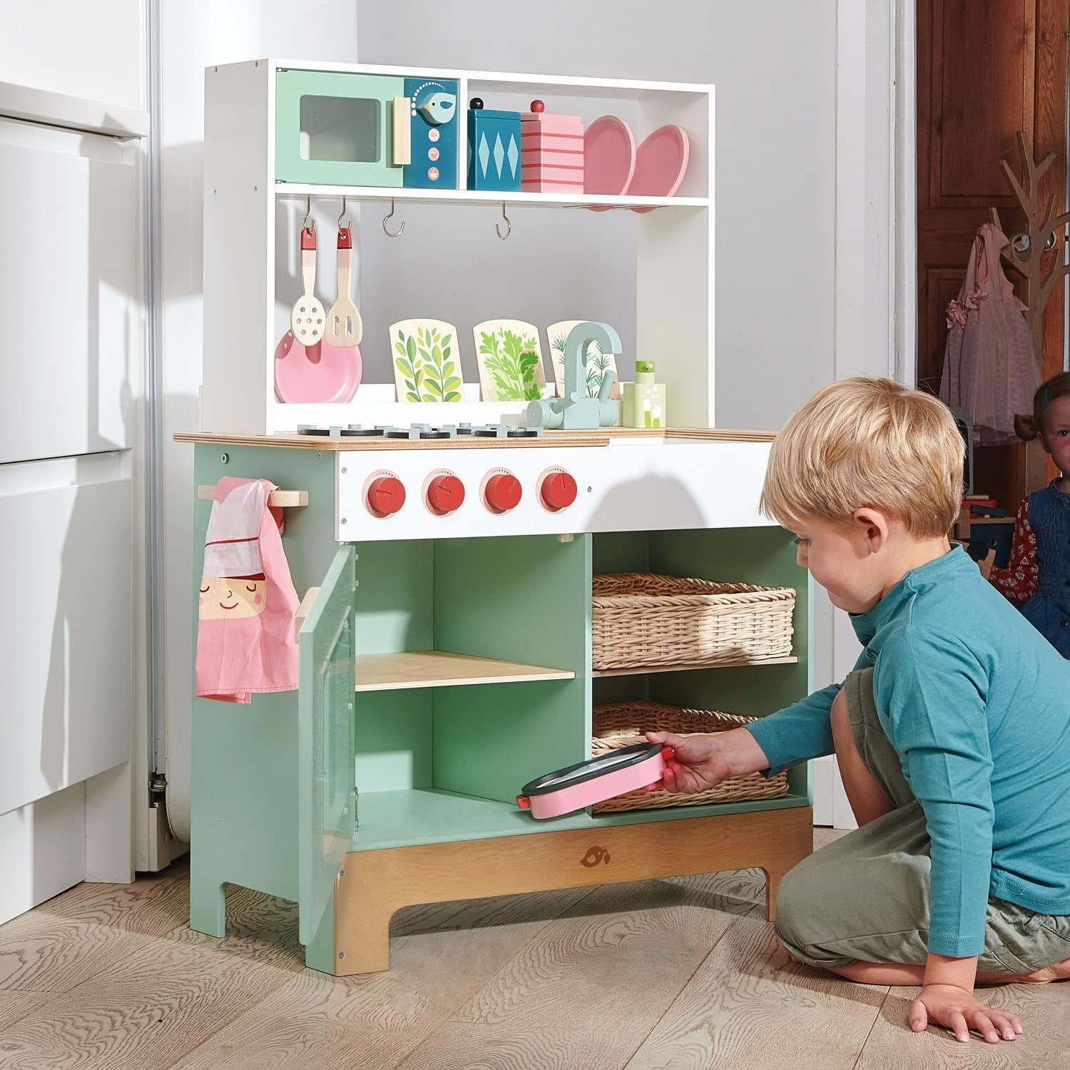 Pastel Wooden Play Kitchen Set with Wicker Baskets