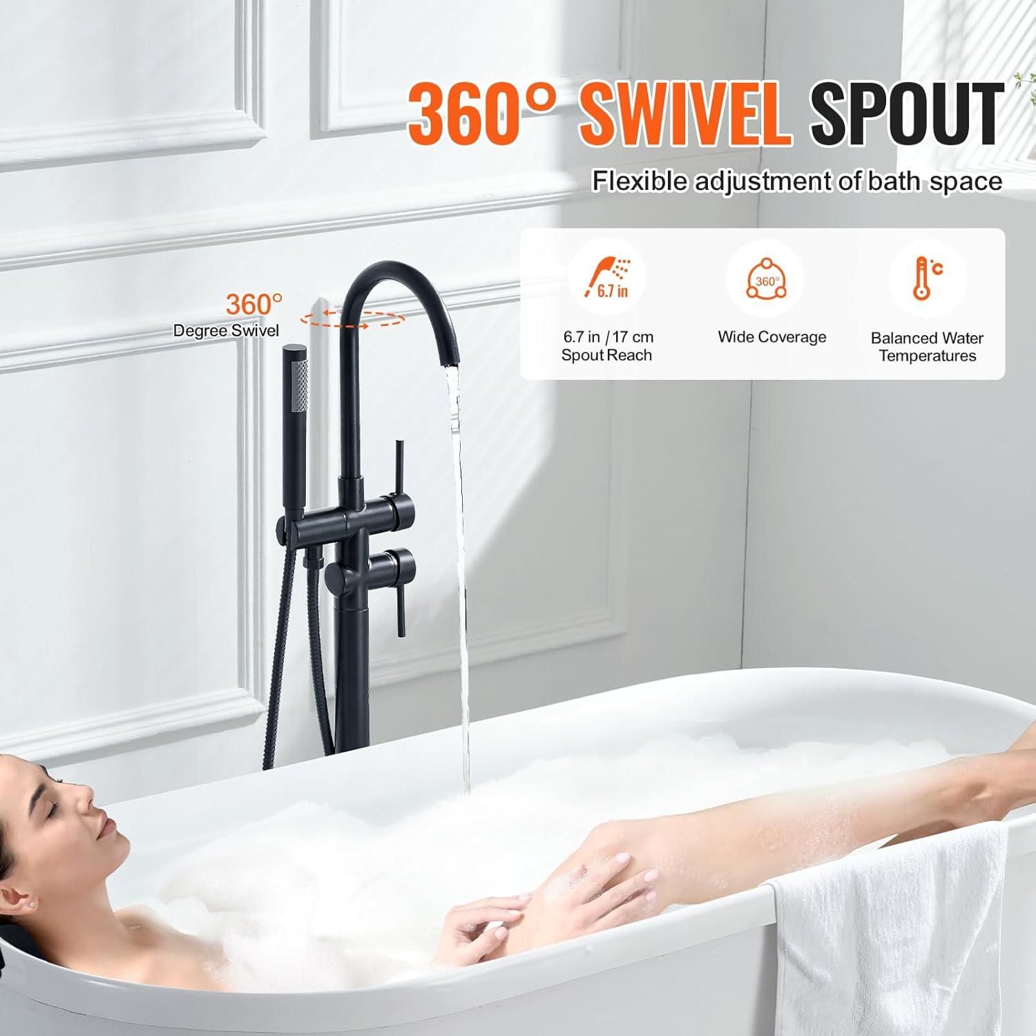 Matte Black Brass Freestanding Bathtub Faucet with Handheld Shower