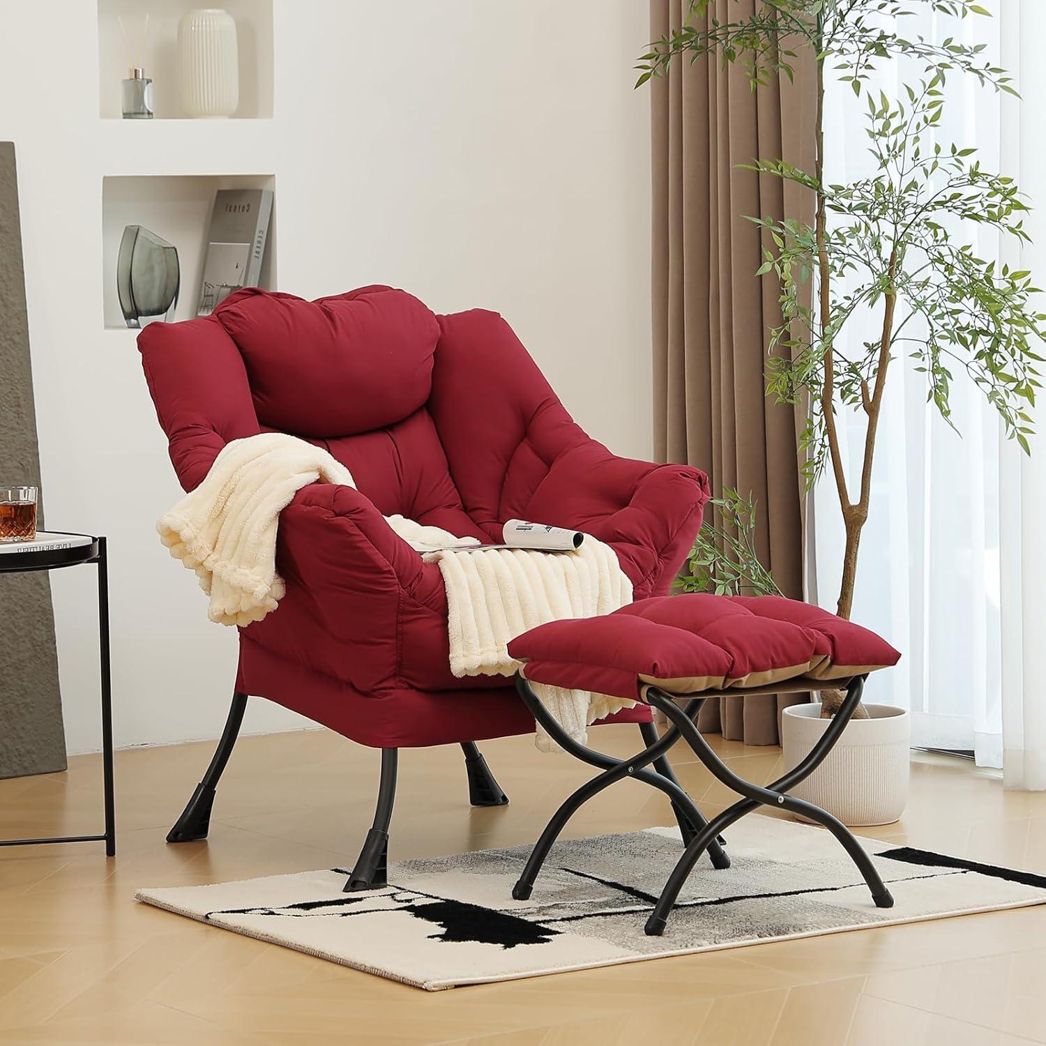 Burgundy Velvet Accent Chair with Ottoman and Metal Frame