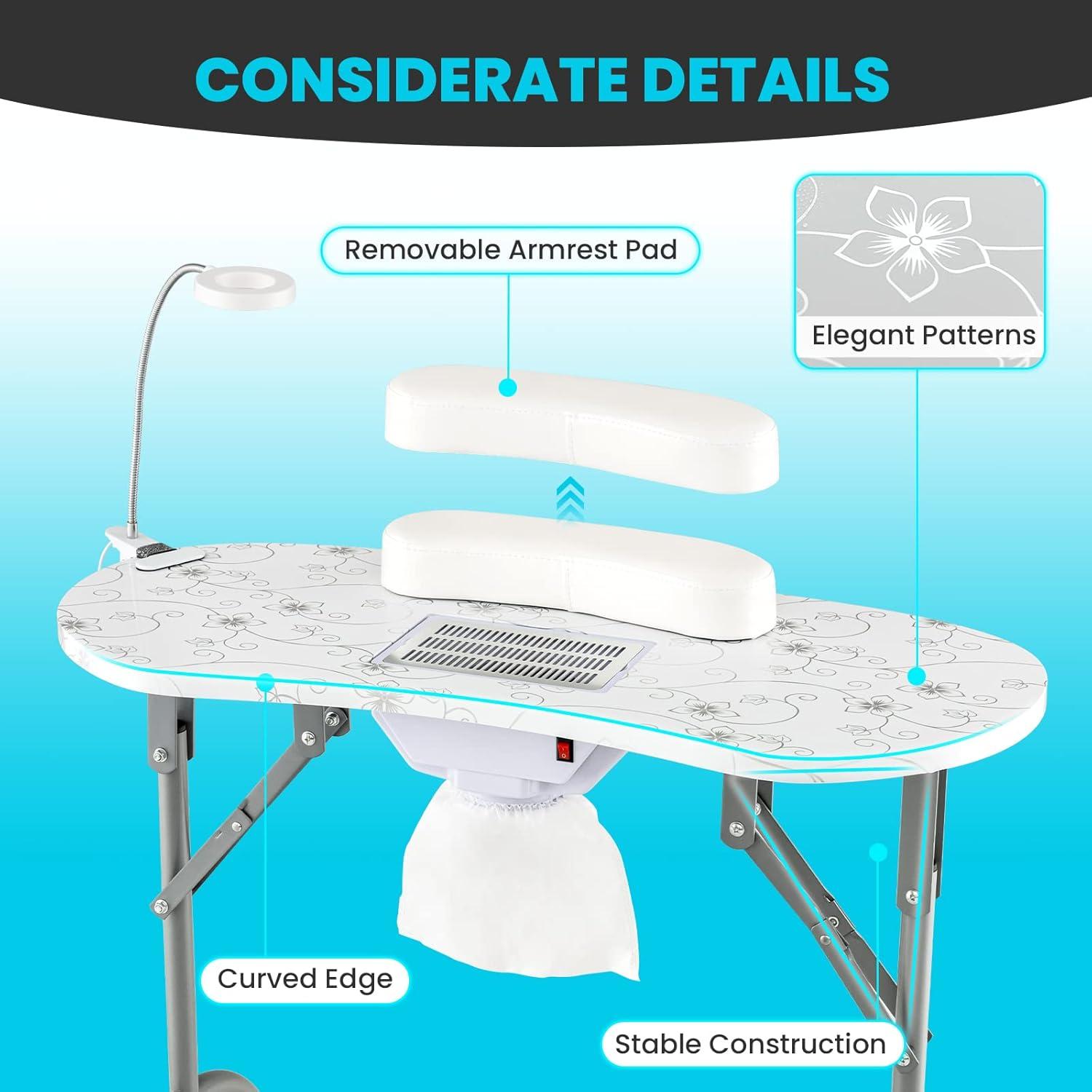 White Foldable Manicure Table with LED Lamp and Dust Collector