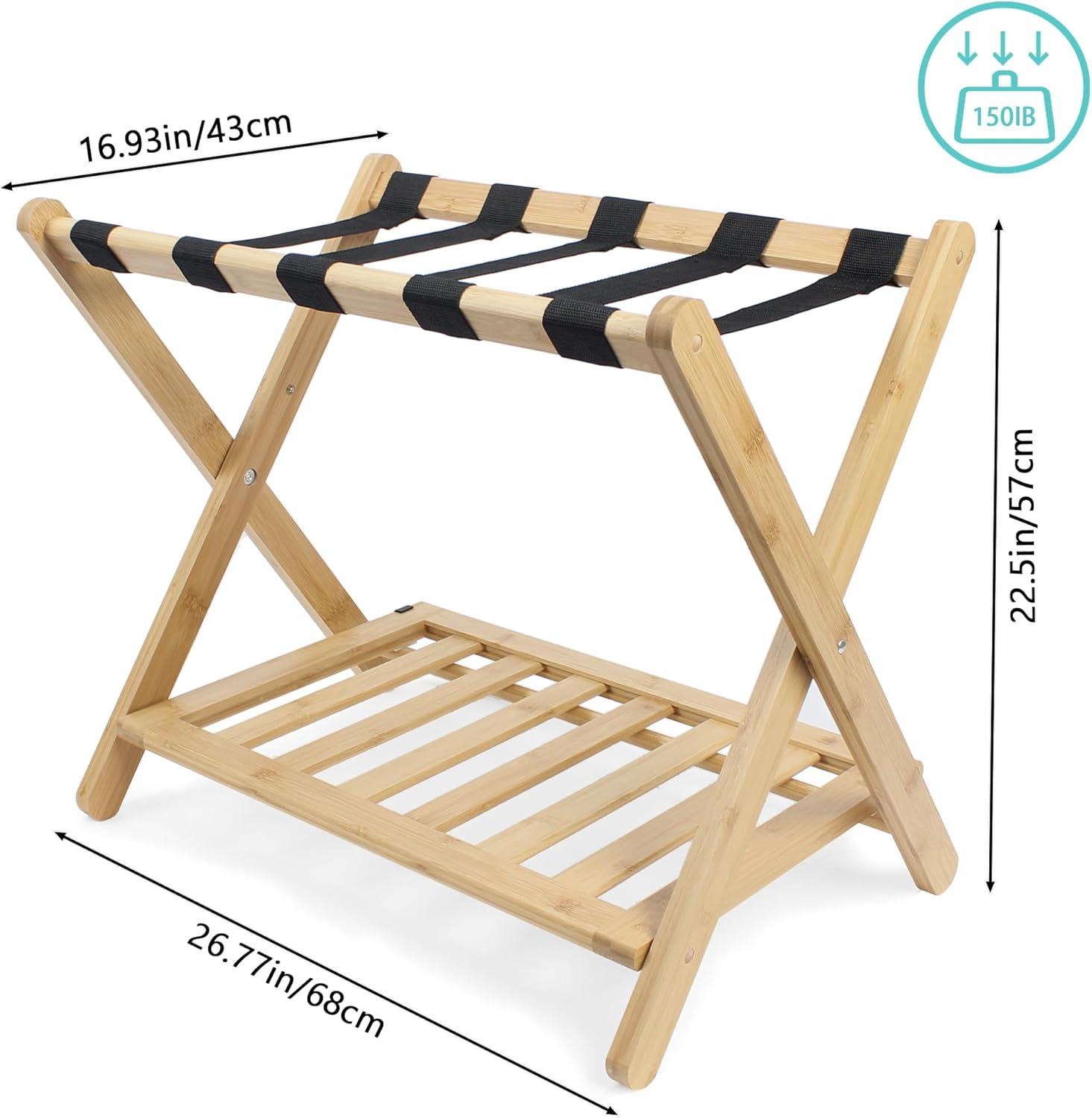 Kiflic Fully Assembled Bamboo Luggage Rack, 5 Folding Suitcase Stand with Shoe Shelf, Large Luggage Holders for Guest Room, Bedroom, Hotel