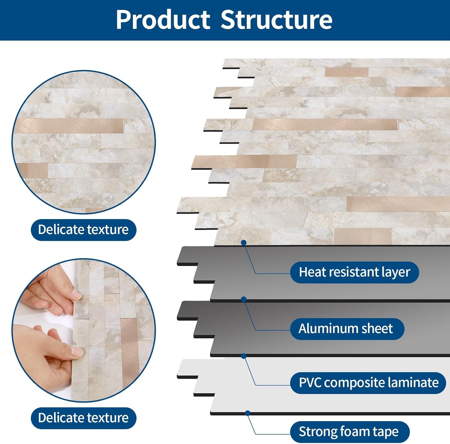 10-Pack Peel and Stick Tile Backsplash 12"X12" PVC Wall Tiles, Stick on Backsplash for Kitchen, Bathroom Tile, Fireplace Décor, Laundry Table, Stair Decals in Cala Golden