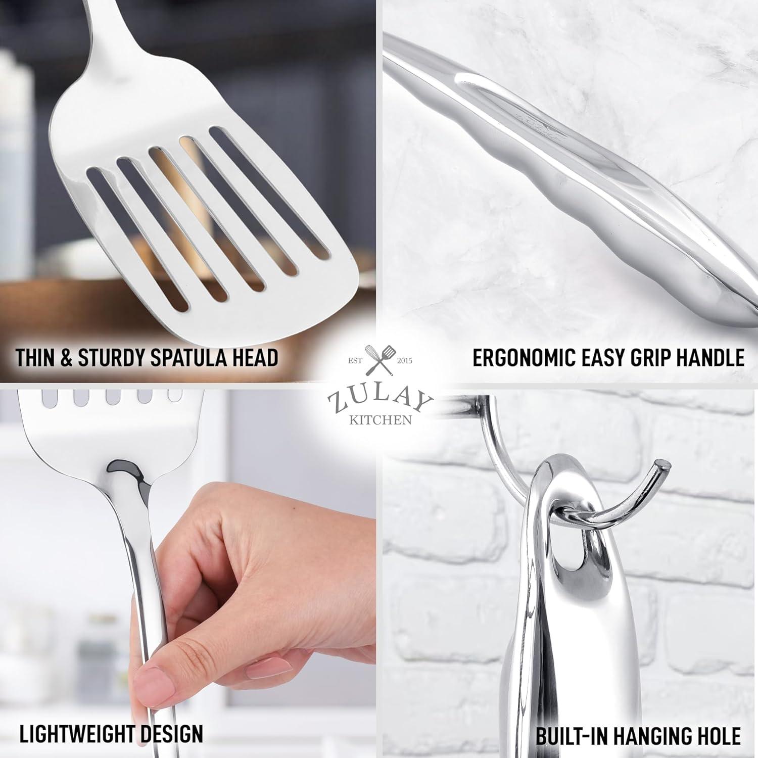 Zulay Kitchen 14.8 inch Slotted Turner -  Stainless Steel Heavy Duty Metal Spatula With Easy Grip Handle