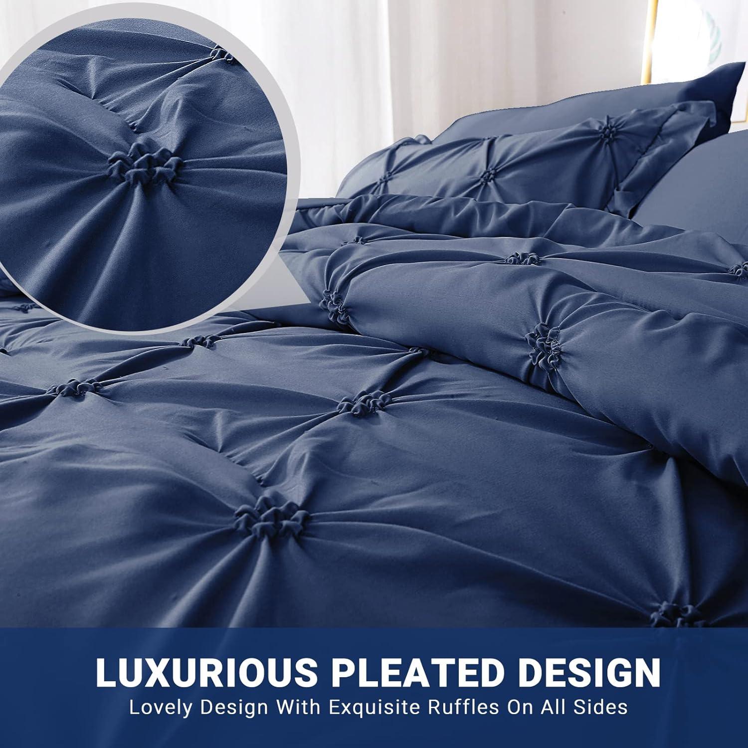 Virtu Queen Comforter Set, 7pc Bed in a Bag, Pleated Bedding Comforter Sets with Sheets, Navy