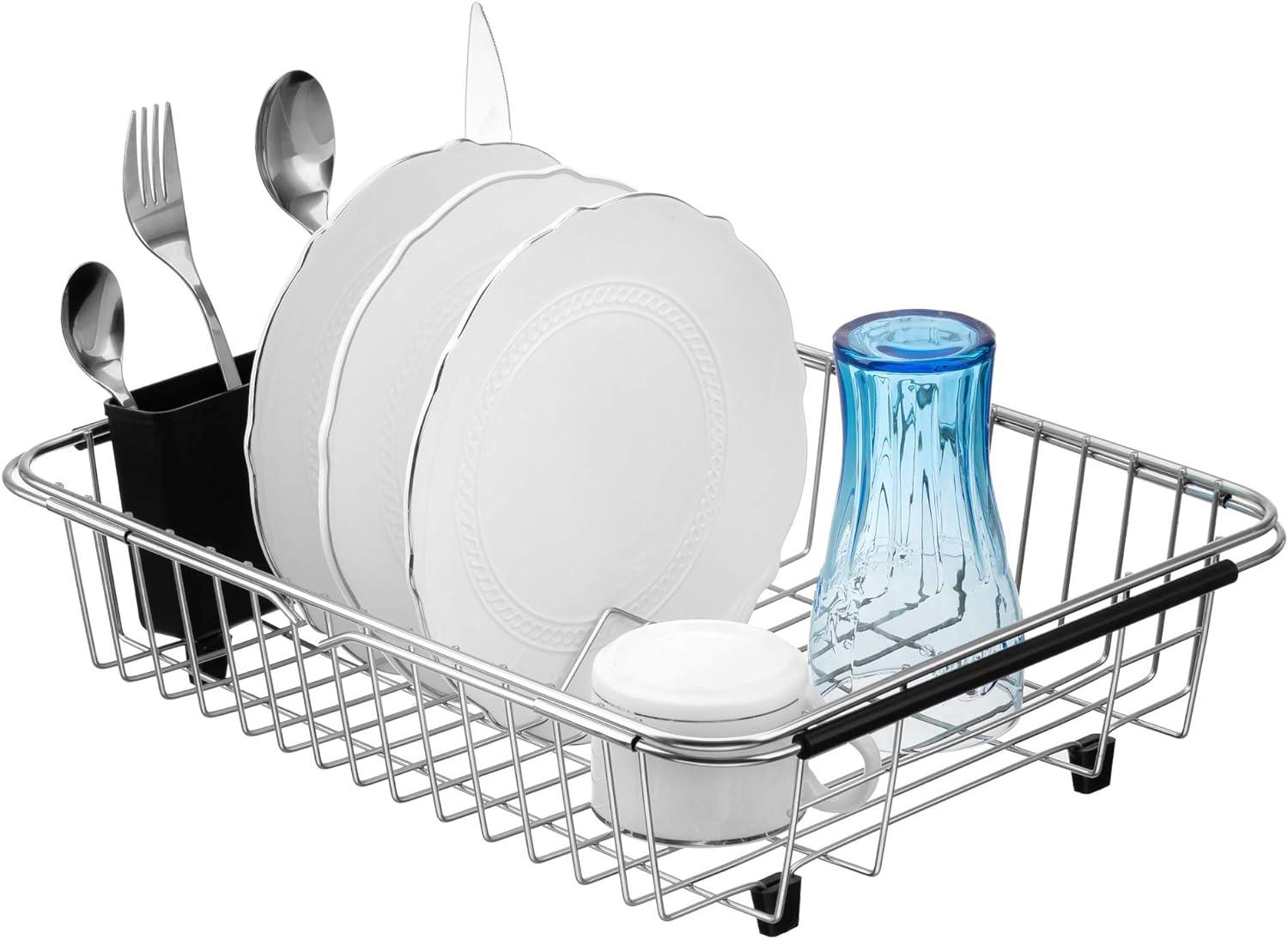 SANNO Expandable Dish Drying Rack Over The Sink Dish Drainer in Sink or On Counter with Utensil Silverware Storage Holder