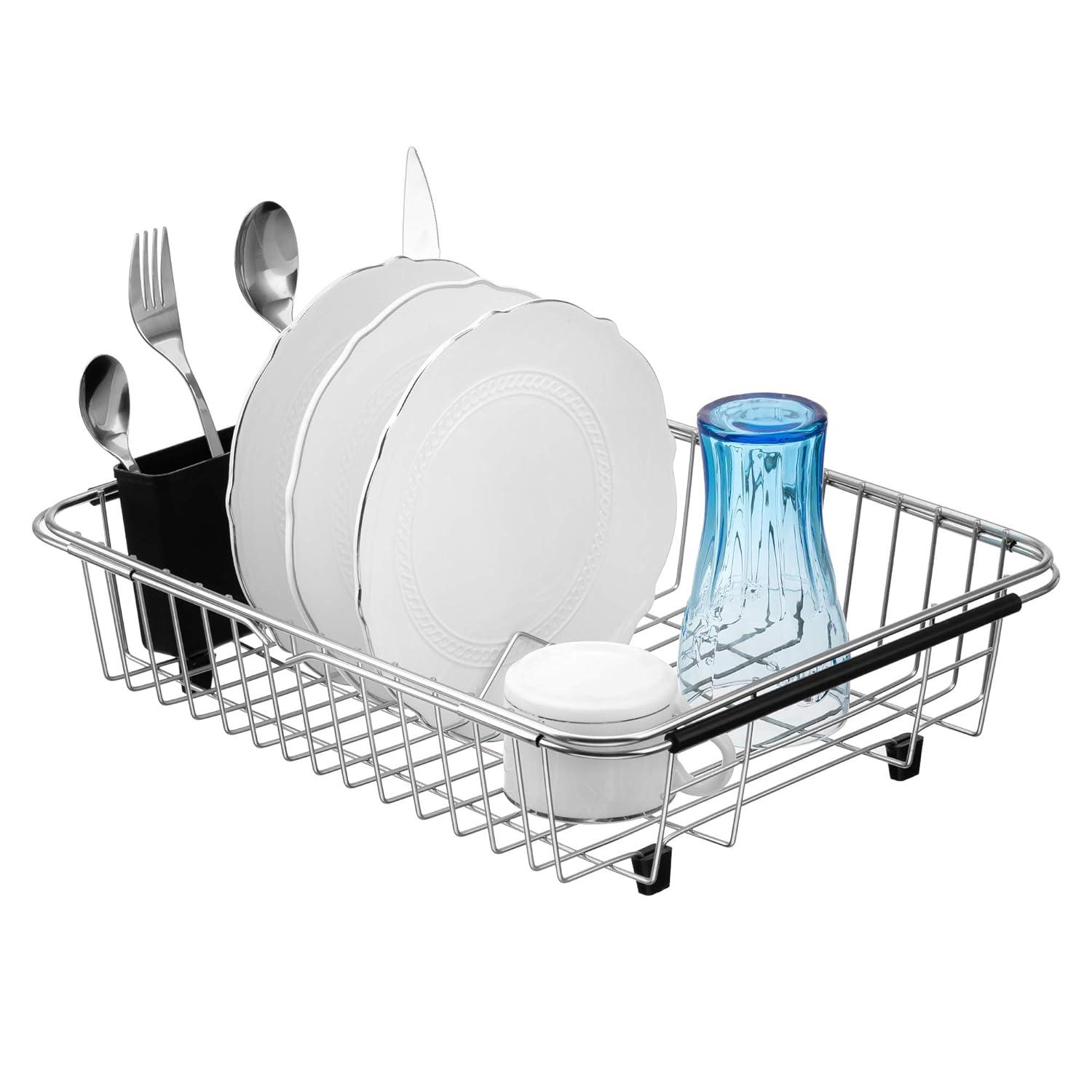 SANNO Expandable Dish Drying Rack, Dish Drainer Over Sink On Counter with Utensil Silverware Storage Holder, Rustproof Stainless Steel