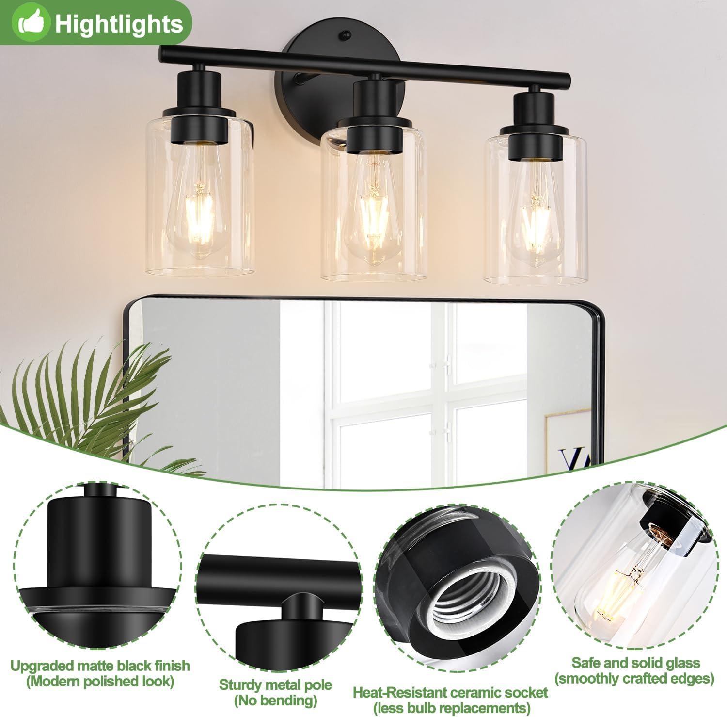 3-Light Bathroom Light Fixtures Bathroom Vanity Lights with Clear Glass Shades Matte Black Bathroom Light Fixtures over mirror for Mirror Living Room Cabinet Bedroom Porch