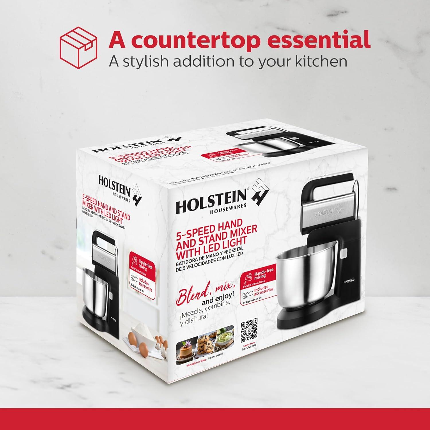 Holstein Housewares 2.9 QT 5-Speed Hand and Stand Mixer with LED Light, Black/Stainless Steel