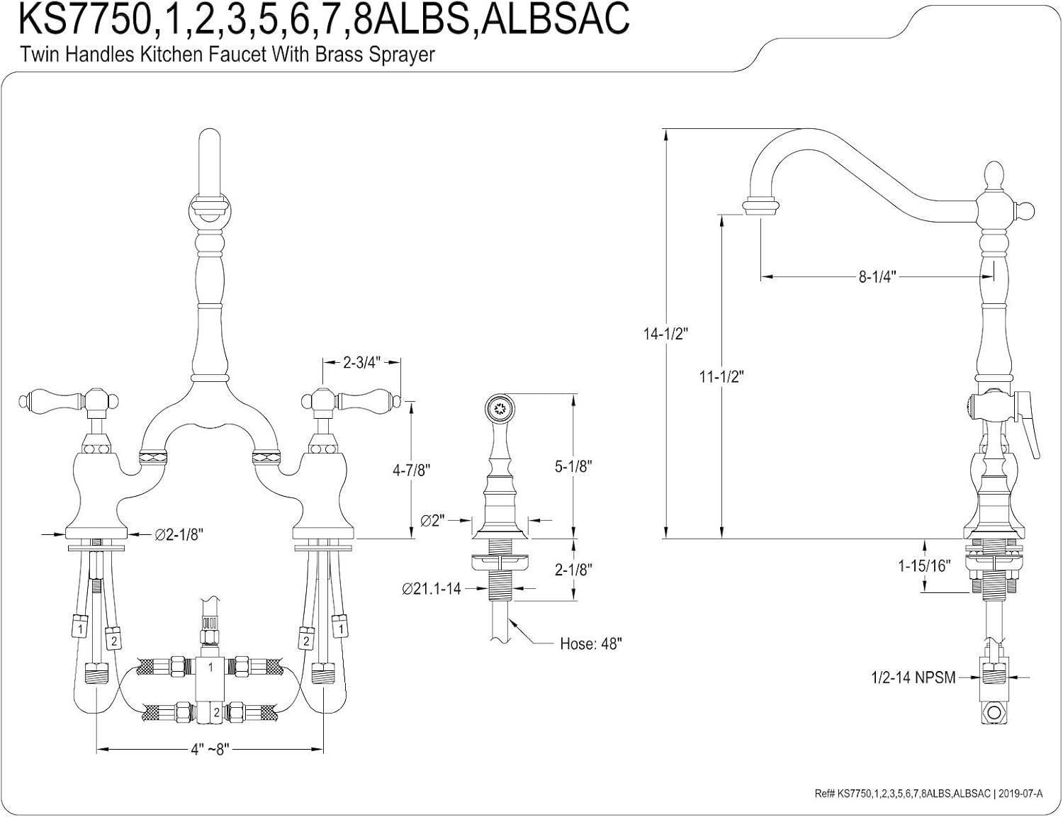 Kingston Brass English Country Two-Handle 3-Hole Deck Mount Bridge Kitchen Faucet with Brass Side Sprayer